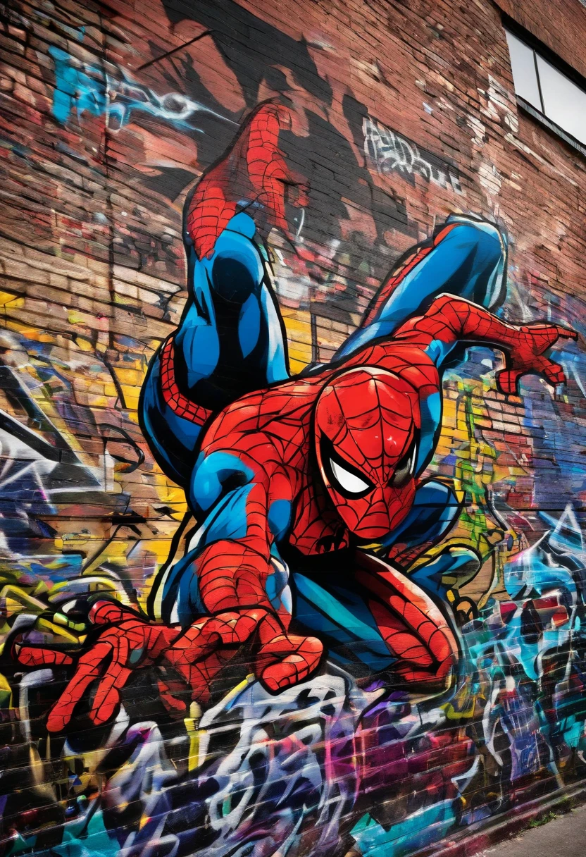 Prompt: Graffiti, spider-man, The whole picture, hight resolution、highly contrast,Deadpool,Cool