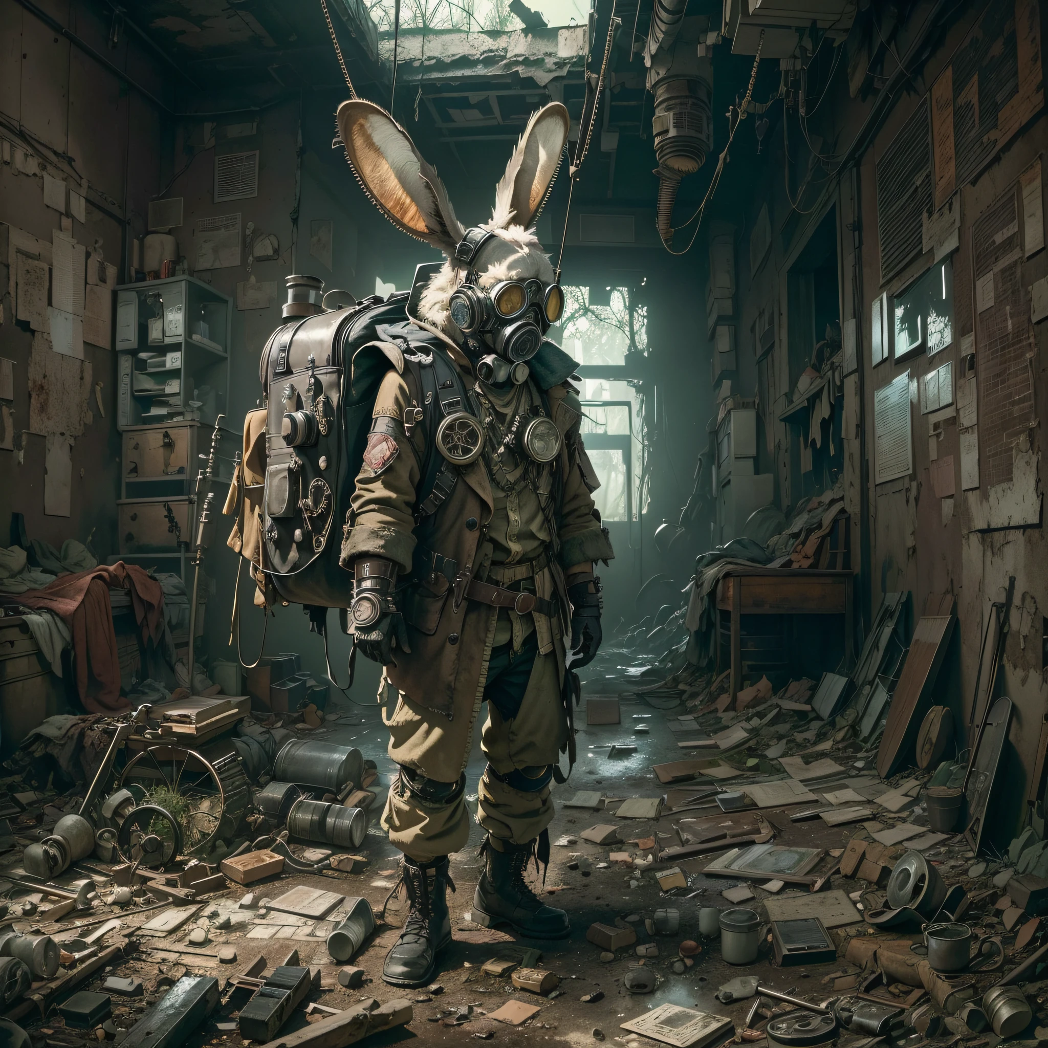 (Best quality,4K,8K,A high resolution,Masterpiece:1.2),Ultra-detailed,(Realistic,Photorealistic,photo-realistic:1.37),steampunc,illuminations,Cityscape,Abandoned,废墟,An adventurous bunny in an adventurous costume, Carrying an explorer's backpack,Explore the hospital ruins,dystopian,Futuristic,Dark atmosphere,wreckage,wires hanging,smoke-filled sky,overgrown vegetation,black wall,Weeds sprout,Debris was scattered all over the place,Decaying furniture,Discarded medical equipment,Broken windows,Broken glass,Ominous Shadows,be desperate,Dust-covered floor,Dimly lit corridors,Unforgettable silence,lost hope,Epidemic of disease,Empty hospital beds,Recycling technology,Temporary living space,Post-apocalyptic fashion,wind coat,Leather goggles,Gas masks,cybernetic limb,Metal prosthesis,cogs and gears,Brass decoration,Steam-powered machinery,thing,Mechanical Wonder,GLOOMY AMBIANCE,Sepia color palette,Divine light shines through the broken ceiling,intense contrast,Moody lighting.