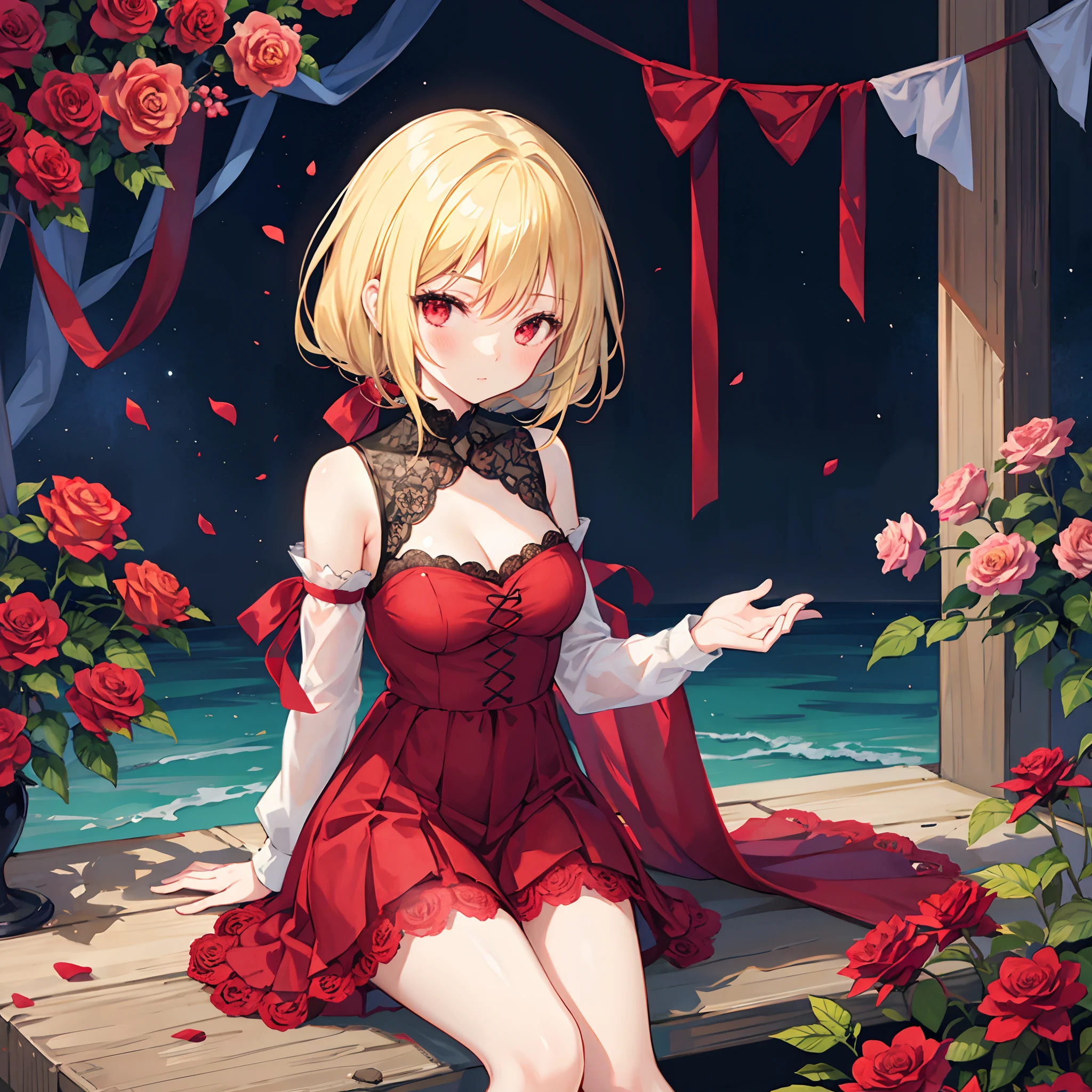Girl with blonde hair and red eyes、poneyTail、Sitting surrounded by roses、sexy dress、
