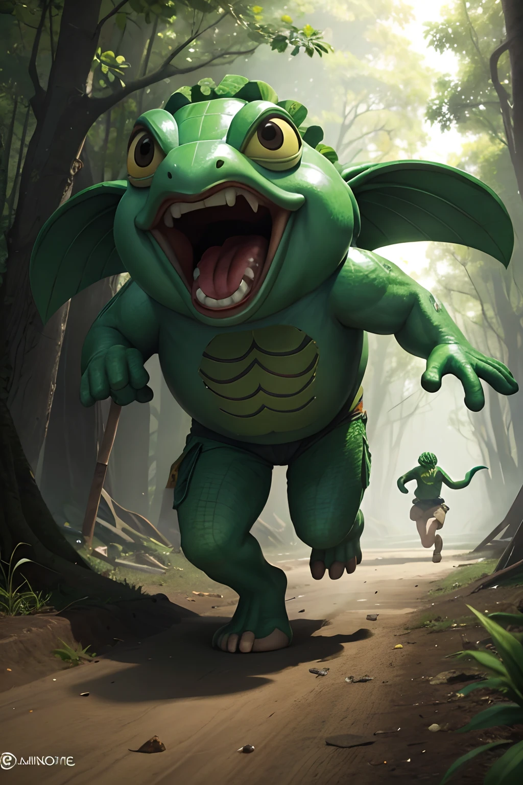 Chaneques running out of the mouth of a giant Kappa.