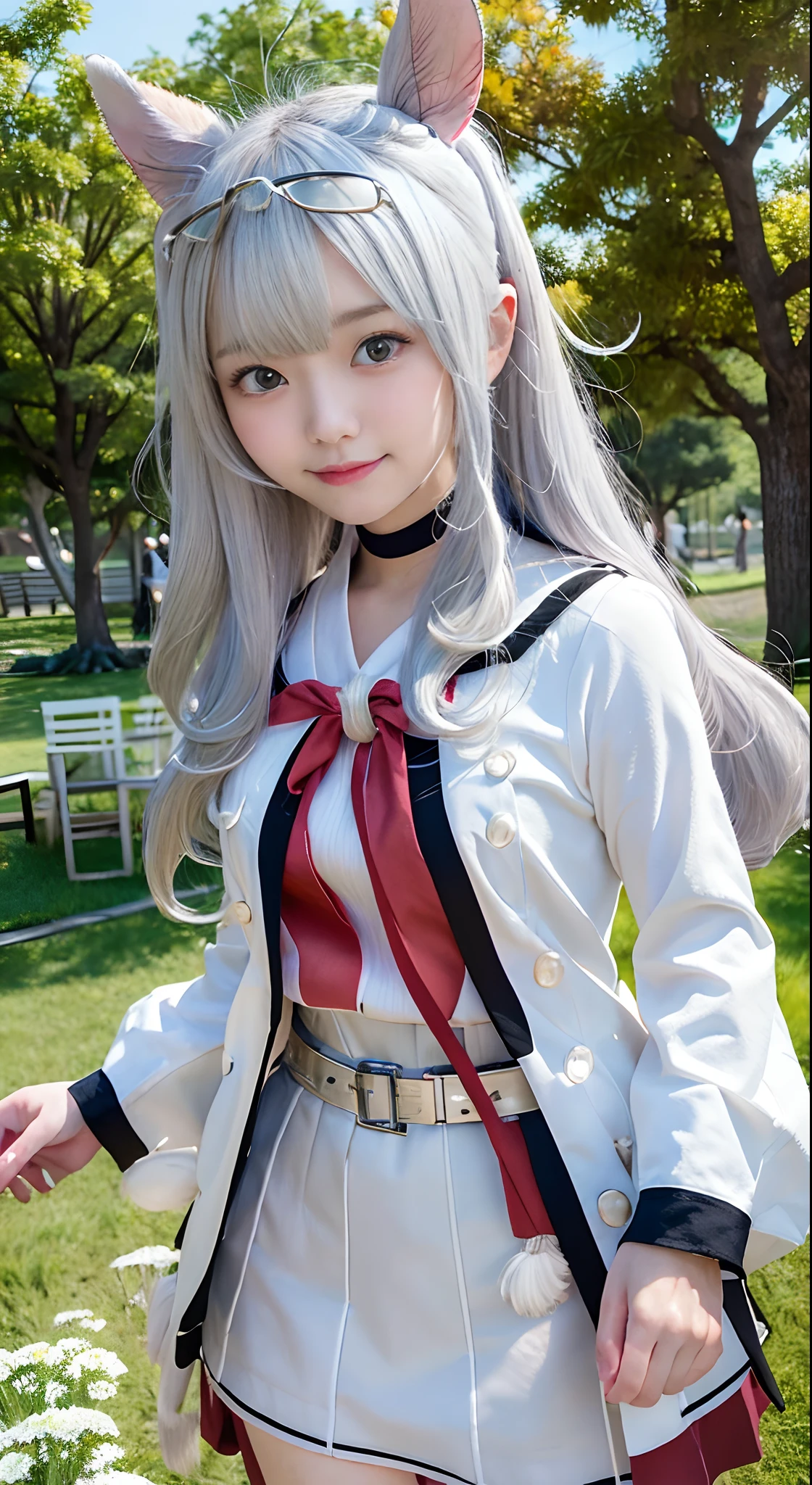 masutepiece, 8K Wallpaper, Best Quality, 1girl in, Oguricap, blush,  tussock, Looking at the viewer,hightquality、(masutepiece), (Best Quality), (Highly detailed,A smile、4K,lawn、(white  hair:1.4)