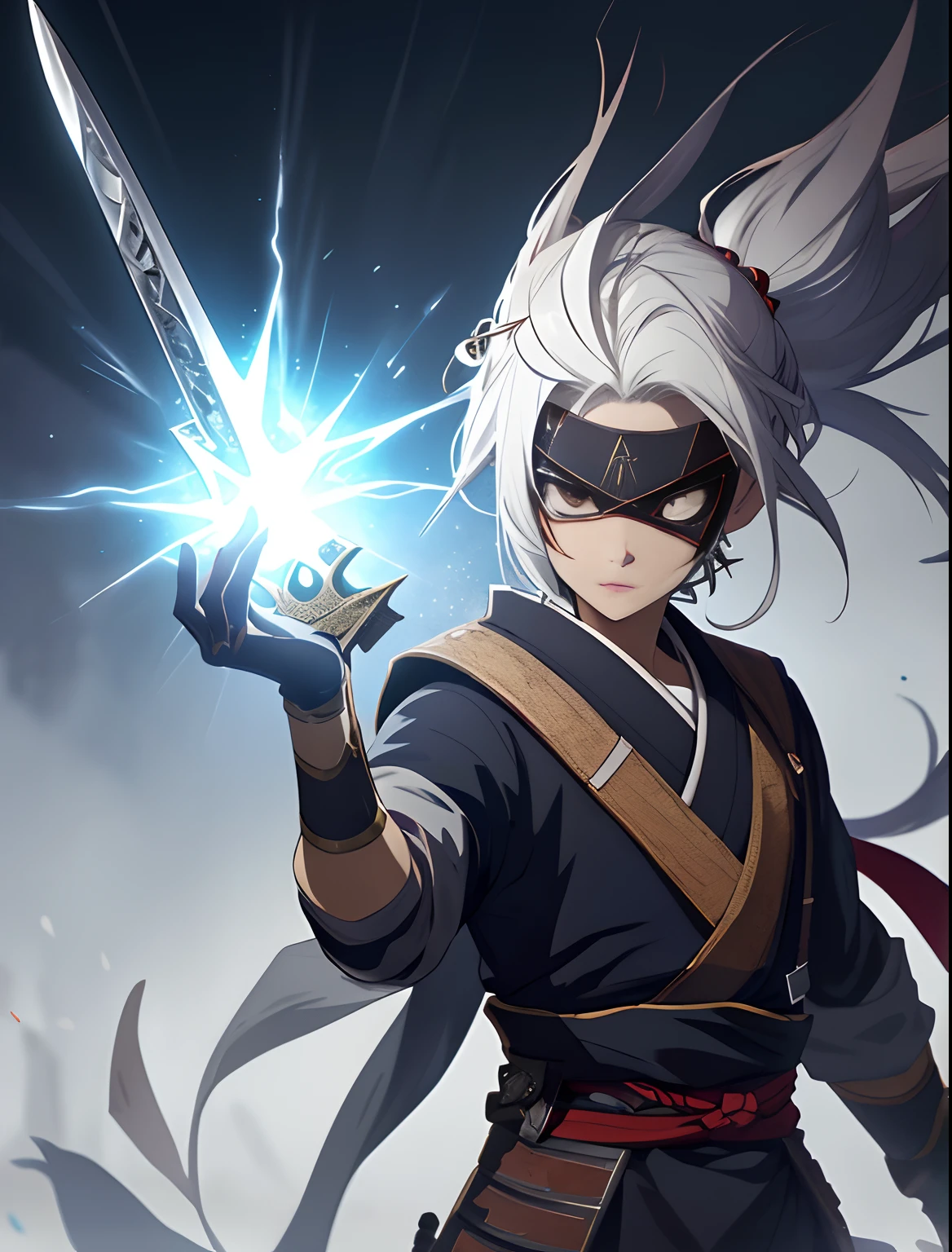 Weapon design table，concept-art，The personification of the dagger，Masked Assassin，femele，(Samurai)(masutepiece，of the highest quality，Best Quality，offcial art，Beautiful and aesthetic:1.2)，(8K，Best Quality，masutepiece:1.2)，Ice Element，icey，Bow,black backgrounds，cinmatic lighting，（extremely detailed CG unified 8k wallpaper），Ray traching