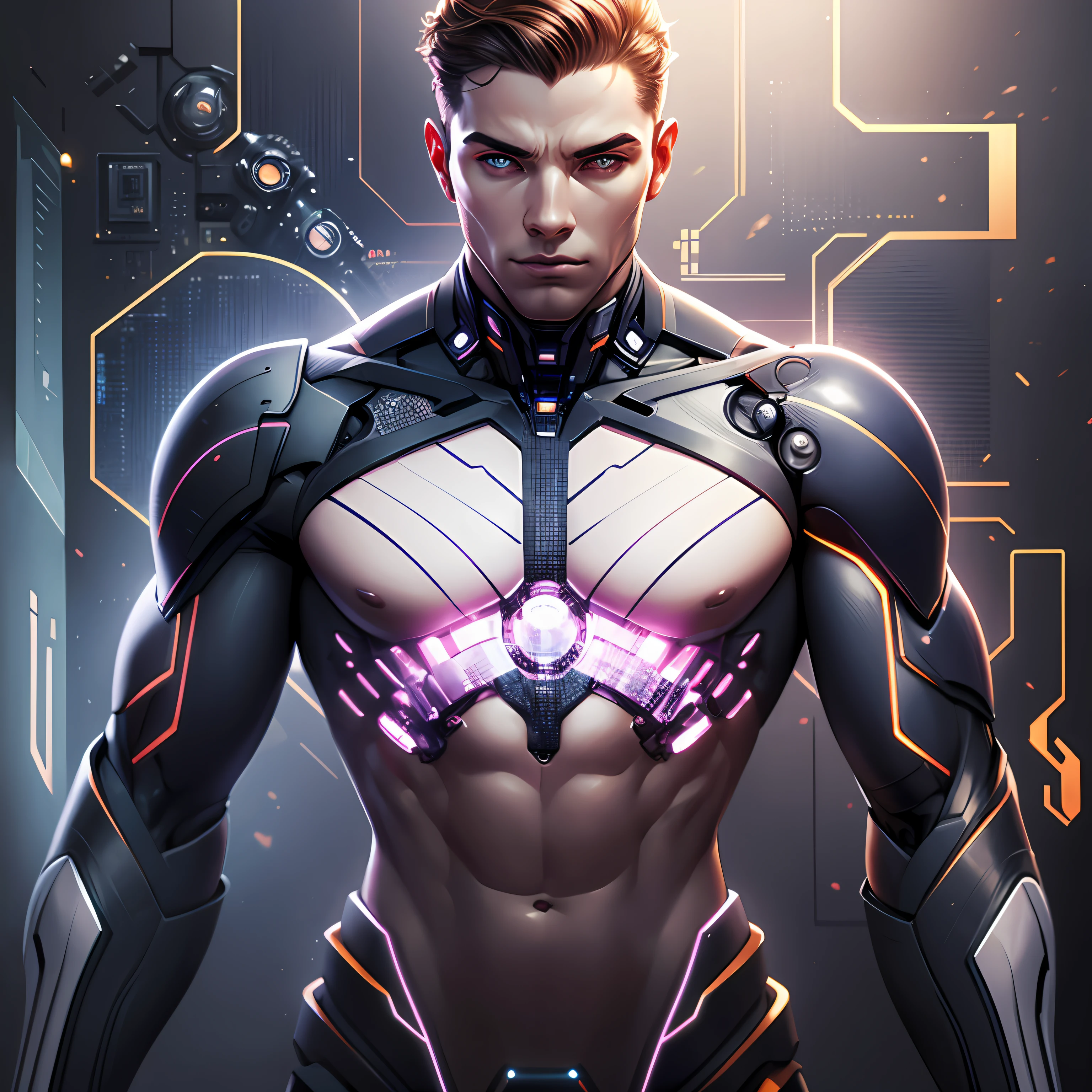 Create computer images with realistic people, High resolution and futuristic concept,A male body,The body is half flesh,Half is a machine,detail-rich,Well designed