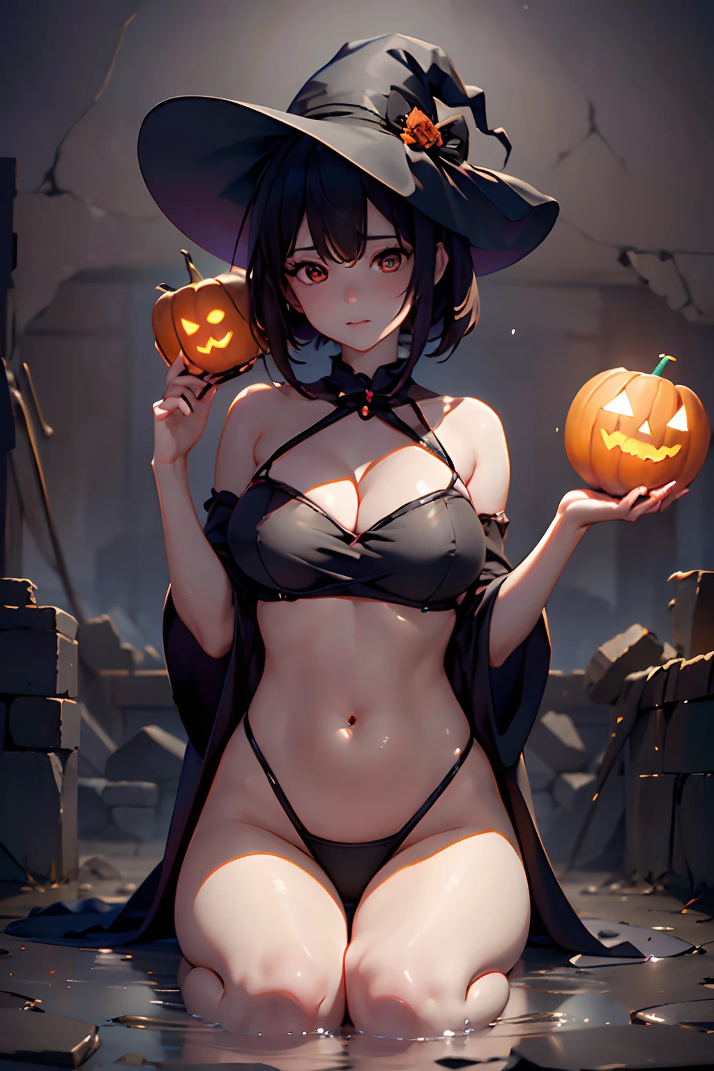 (Best Quality, masutepiece),( dark sky, Heavy rain, Inside the ruined temple, Low-water stagnant water, ), Realistic background, 2112, light*_Black_Particle,top-quality,masutepiece,独奏,Halloween Cosplay,witch's hat,large brim cap,14Cute Girl of the Year,((Jack-o'-lantern,Orange pumpkin:1.3、Peeler Candle,Ball Candle))),the bats,Flying bats,longshot, (low angles), (top down), Realistic scale,Significant shrinkage:1.5、photos realistic、Super Detail, Realistic, Super realistic, lifelike rendering, (((darkened room:1.3))),Professional Photographer