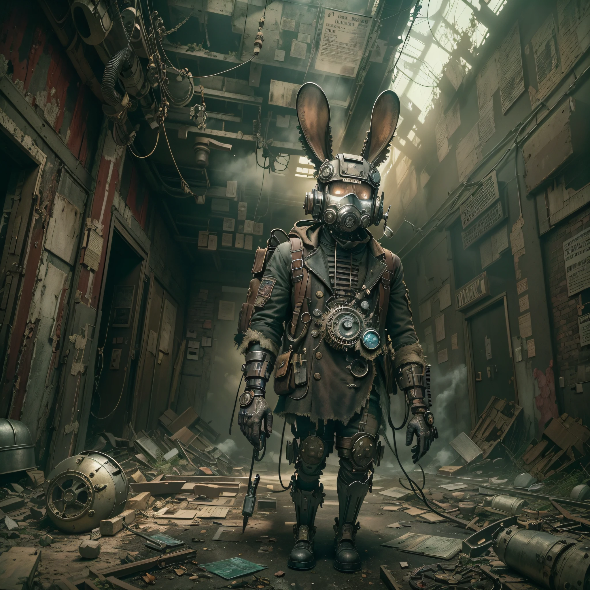 (Best quality,4K,8K,A high resolution,Masterpiece:1.2),Ultra-detailed,(Realistic,Photorealistic,photo-realistic:1.37),steampunc,illuminations,Cityscape,Abandoned,废墟,An adventurous bunny in an adventurous costume, Carrying an explorer's backpack,Explore the hospital ruins,dystopian,Futuristic,Dark atmosphere,wreckage,wires hanging,smoke-filled sky,overgrown vegetation,black wall,Weeds sprout,Debris was scattered all over the place,Decaying furniture,Discarded medical equipment,Broken windows,Broken glass,Ominous Shadows,be desperate,Dust-covered floor,Dimly lit corridors,Unforgettable silence,lost hope,Epidemic of disease,Empty hospital beds,Recycling technology,Temporary living space,Post-apocalyptic fashion,wind coat,cybernetic limb,Metal prosthesis,cogs and gears,Brass decoration,Steam-powered machinery,thing,Mechanical Wonder,GLOOMY AMBIANCE,Sepia color palette,Divine light shines through the broken ceiling,intense contrast,Moody lighting.