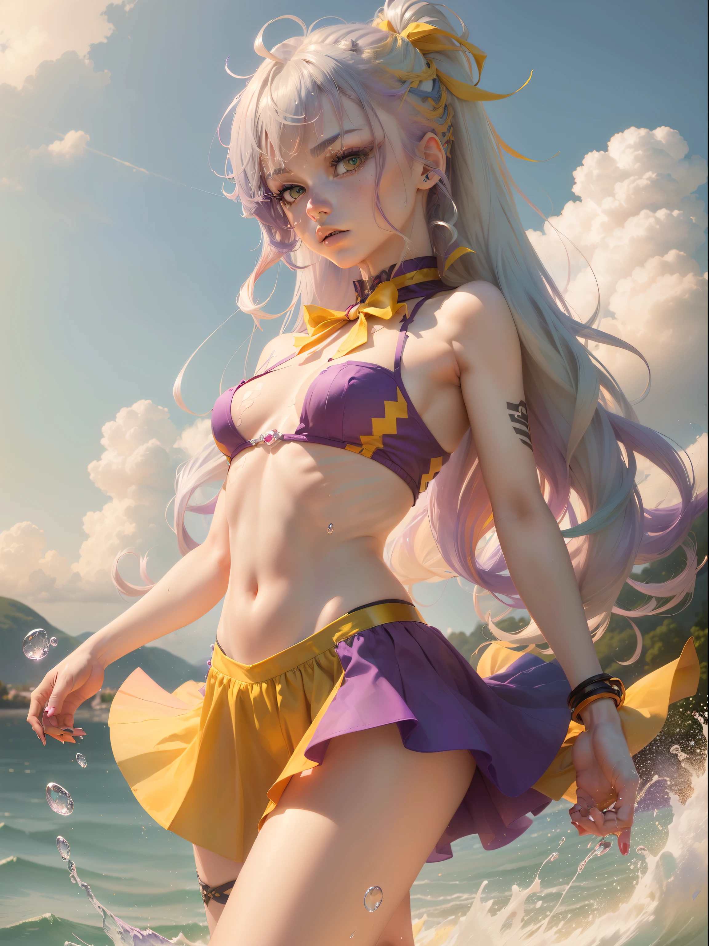 1.5),(1 girl),(Dynamic Pose),(multicolored hair+Silver hair:1.3+Red hair:1.2+Purple hair+Yellow hair:1.3+Green hair:1.3),(Blue eyes),(Neck ribbon),(floating),(cloud),(Too many drops of water),(Twilight),(watercolor paiting),(Wide Shot),anklets,