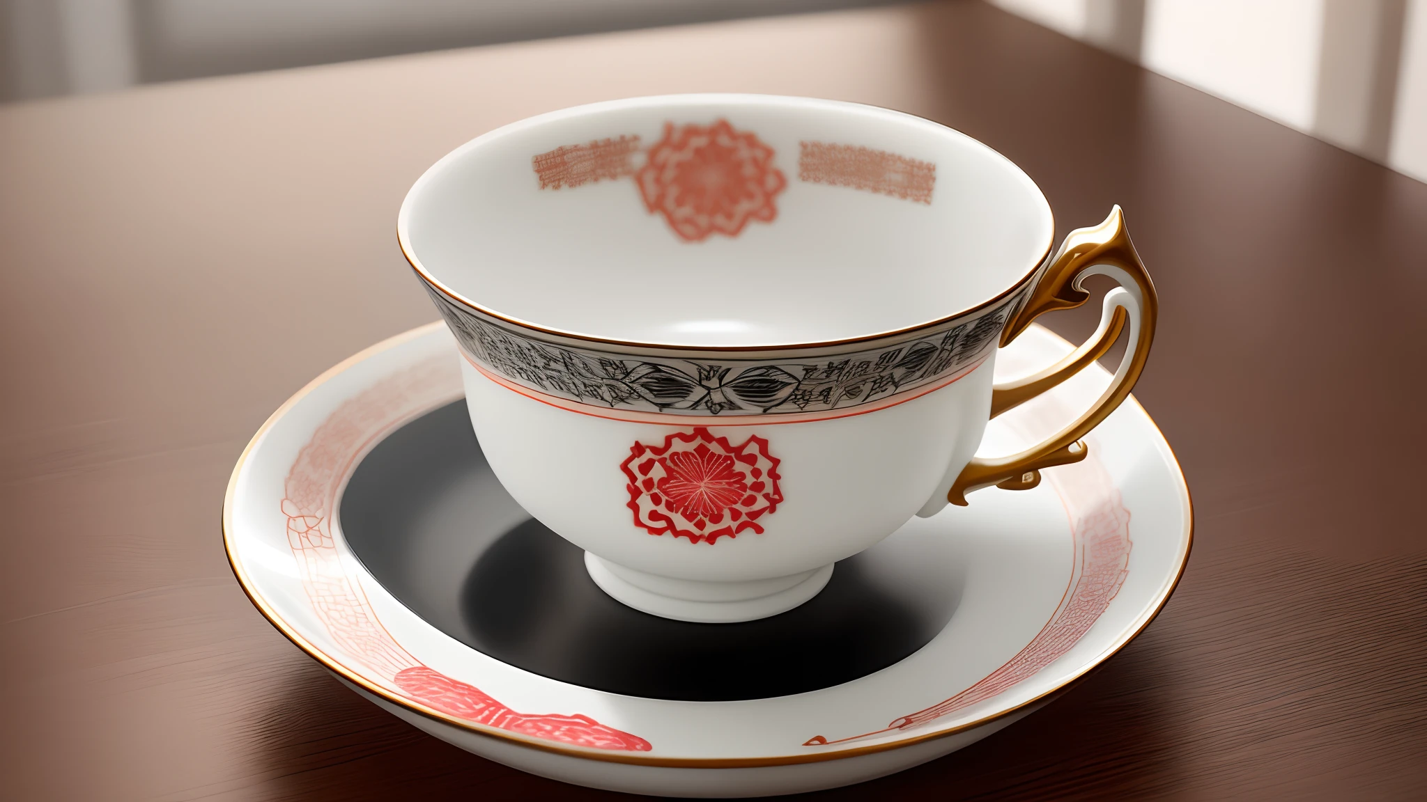Design a teacup，The pattern has the characteristics of Yao embroidery，The color match is red, white and black，natural soft light