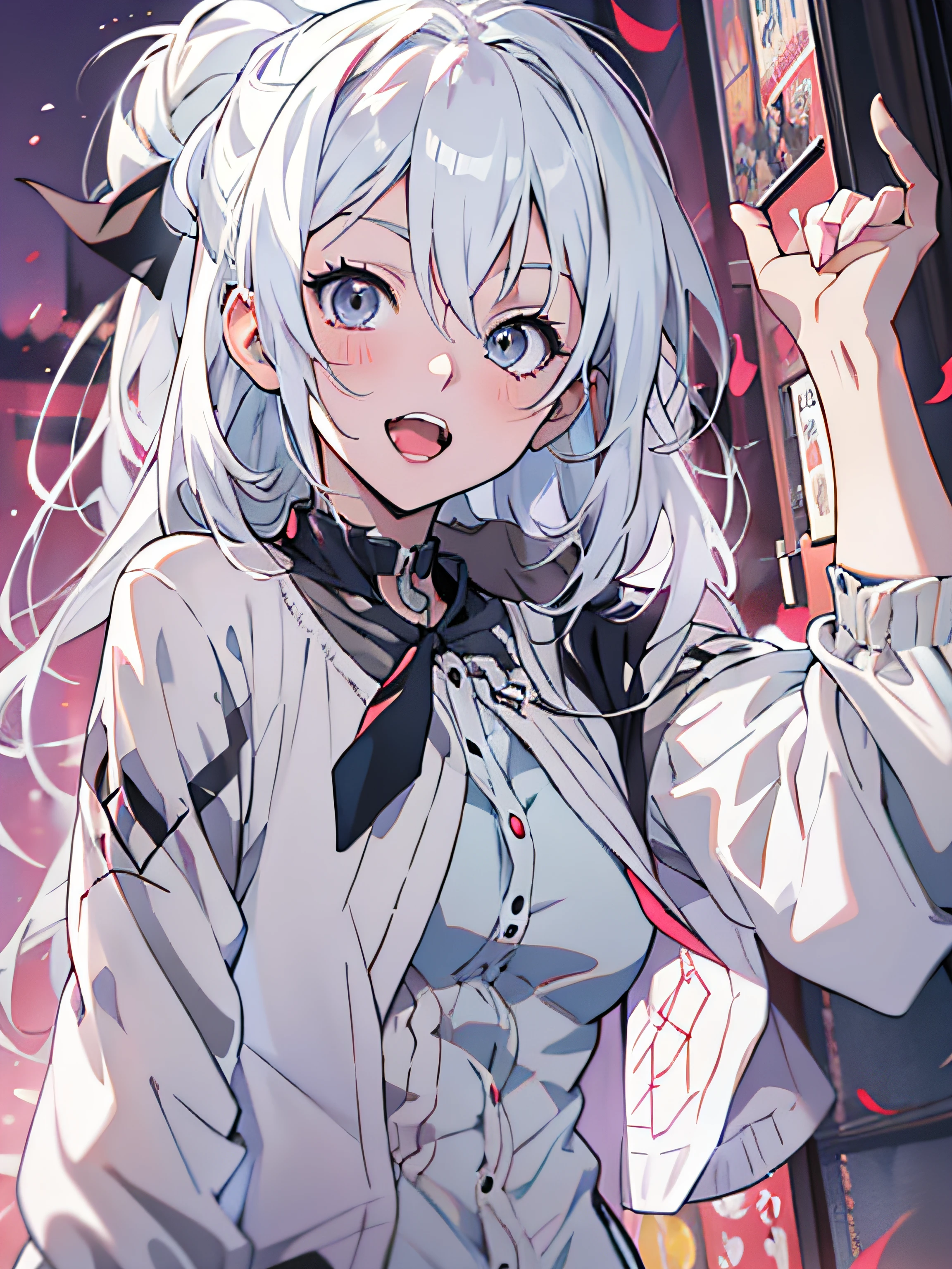 anime girl with white hair sticking out her tongue, 1 7 - year - old anime goth girl, perfect white haired girl, ;open mouth, white haired lady, anime vampires, style of madhouse anime, today's featured anime still, girl with white hair, in the anime film, female anime character, anime visual of a young woman