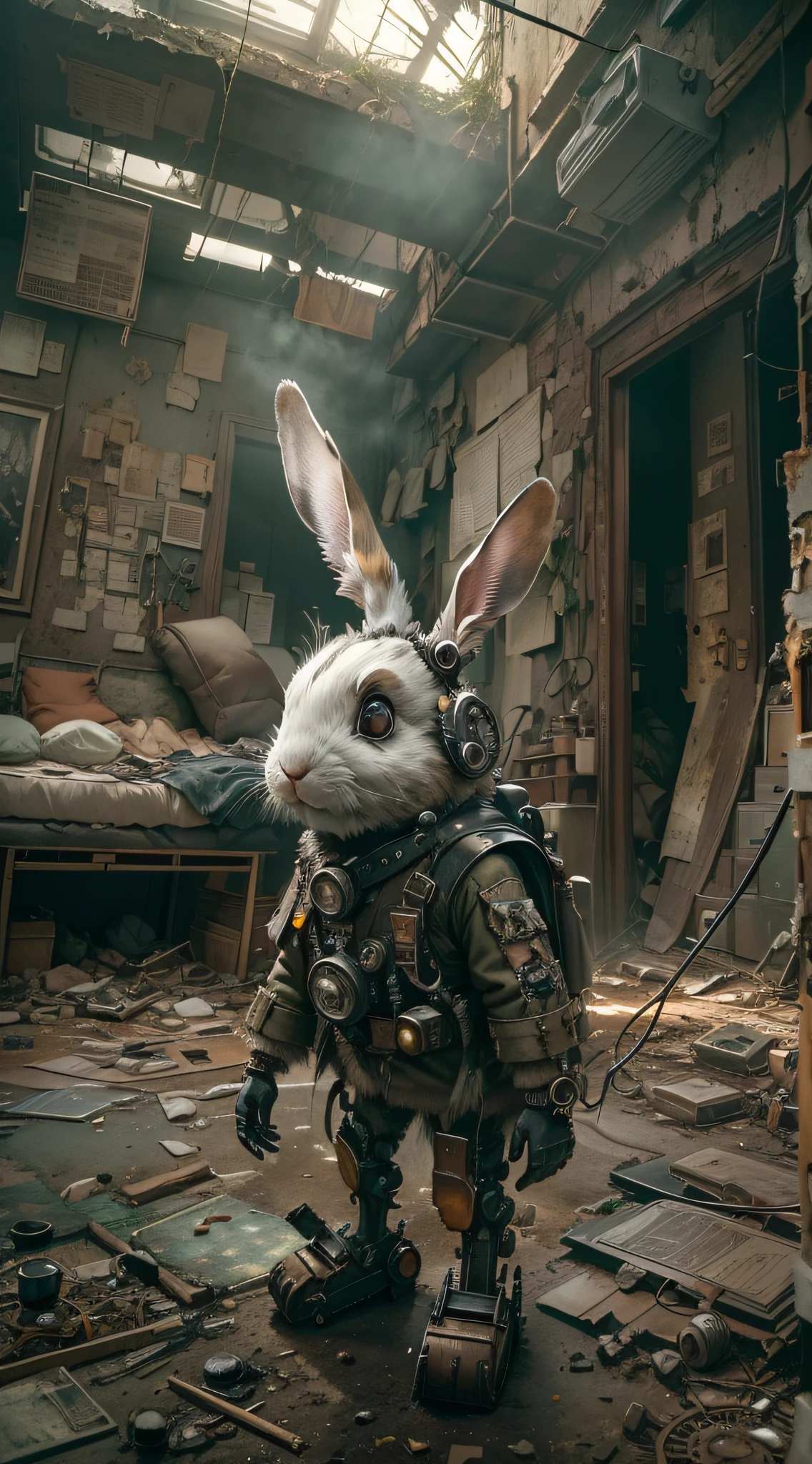 (Best quality,4K,8K,A high resolution,Masterpiece:1.2),Ultra-detailed,(Realistic,Photorealistic,photo-realistic:1.37),steampunc,illuminations,Cityscape,Abandoned,废墟,An adventurous bunny in an adventurous costume, Carrying an explorer's backpack,Explore the hospital ruins,dystopian,Futuristic,Dark atmosphere,wreckage,wires hanging,smoke-filled sky,overgrown vegetation,black wall,Weeds sprout,Debris was scattered all over the place,Decaying furniture,Discarded medical equipment,Broken windows,Broken glass,Ominous Shadows,be desperate,Dust-covered floor,Dimly lit corridors,Unforgettable silence,lost hope,Epidemic of disease,Empty hospital beds,Recycling technology,Temporary living space,Post-apocalyptic fashion,wind coat,cybernetic limb,Metal prosthesis,cogs and gears,Brass decoration,Steam-powered machinery,thing,Mechanical Wonder,GLOOMY AMBIANCE,Sepia color palette,Divine light shines through the broken ceiling,intense contrast,Moody lighting.