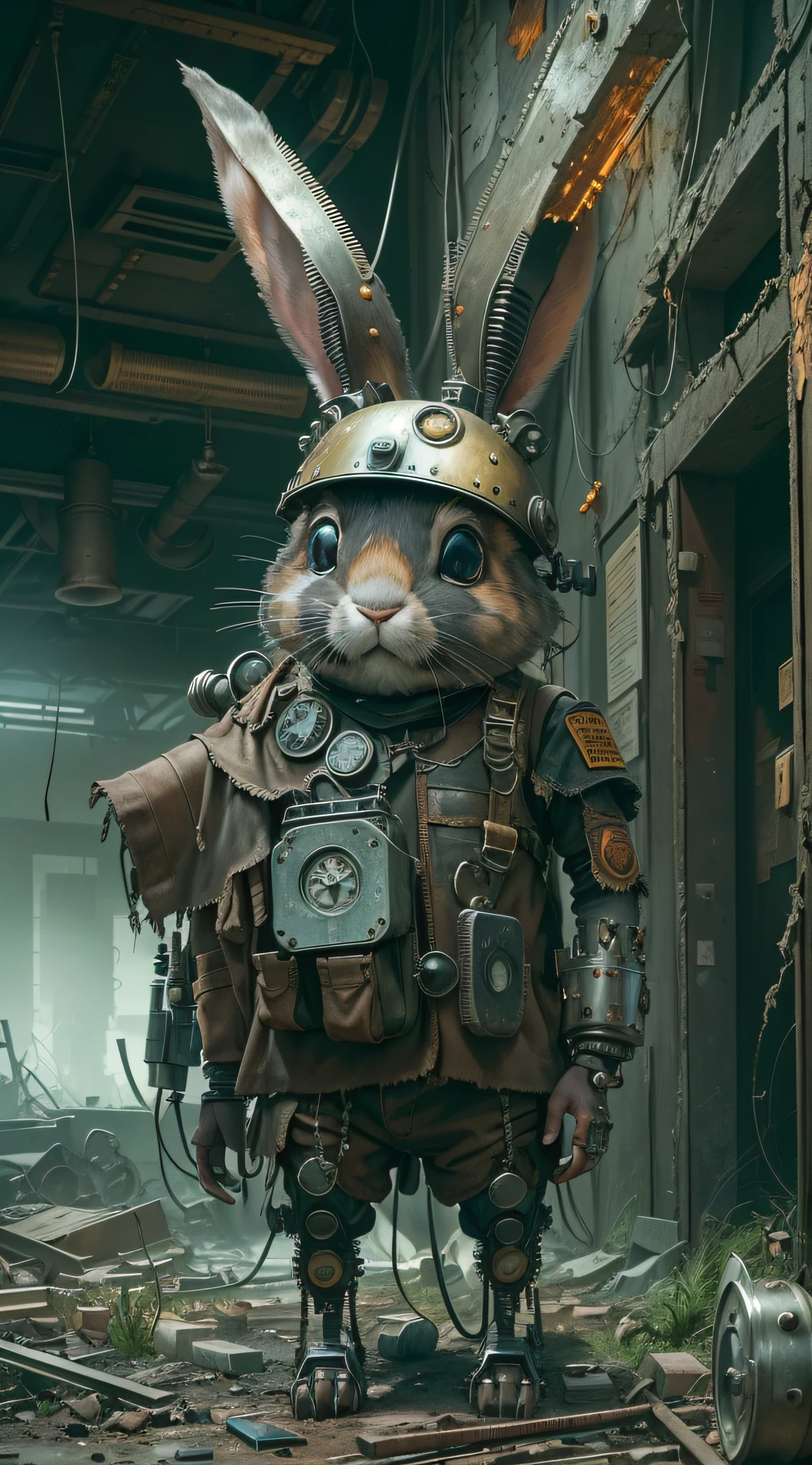(Best quality,4K,8K,A high resolution,Masterpiece:1.2),Ultra-detailed,(Realistic,Photorealistic,photo-realistic:1.37),steampunc,illuminations,Cityscape,Abandoned,废墟,An adventurous bunny in an adventurous costume, Carrying an explorer's backpack,Explore the hospital ruins,dystopian,Futuristic,Dark atmosphere,wreckage,wires hanging,smoke-filled sky,overgrown vegetation,black wall,Weeds sprout,Debris was scattered all over the place,Decaying furniture,Discarded medical equipment,Broken windows,Broken glass,Ominous Shadows,be desperate,Dust-covered floor,Dimly lit corridors,Unforgettable silence,lost hope,Epidemic of disease,Empty hospital beds,Recycling technology,Temporary living space,Post-apocalyptic fashion,wind coat,cybernetic limb,Metal prosthesis,cogs and gears,Brass decoration,Steam-powered machinery,thing,Mechanical Wonder,GLOOMY AMBIANCE,Sepia color palette,Divine light shines through the broken ceiling,intense contrast,Moody lighting.