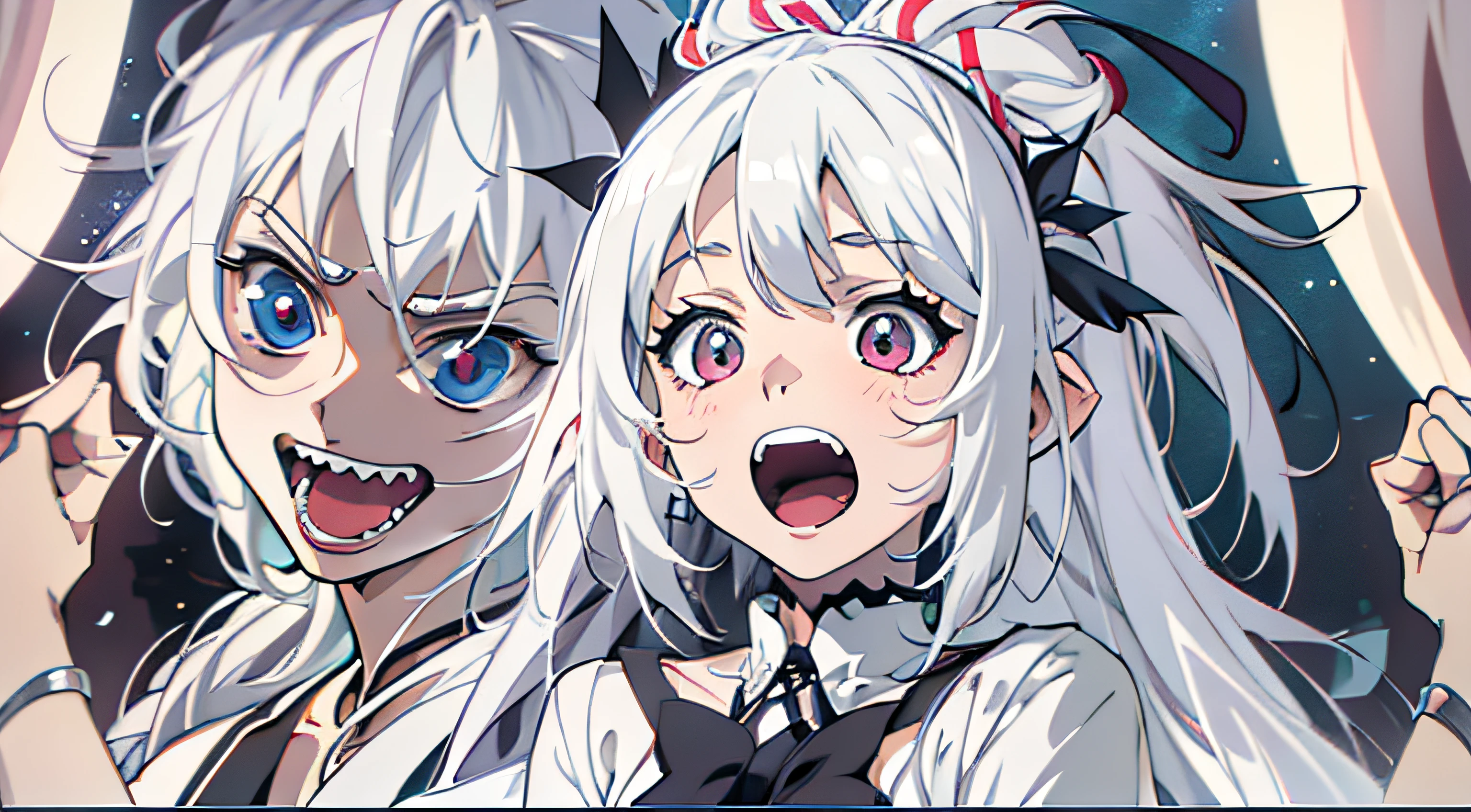 anime girl with white hair sticking out her tongue, 1 7 - year - old anime goth girl, perfect white haired girl, ;open mouth, white haired lady, anime vampires, style of madhouse anime, today's featured anime still, girl with white hair, in the anime film, female anime character, anime visual of a young woman