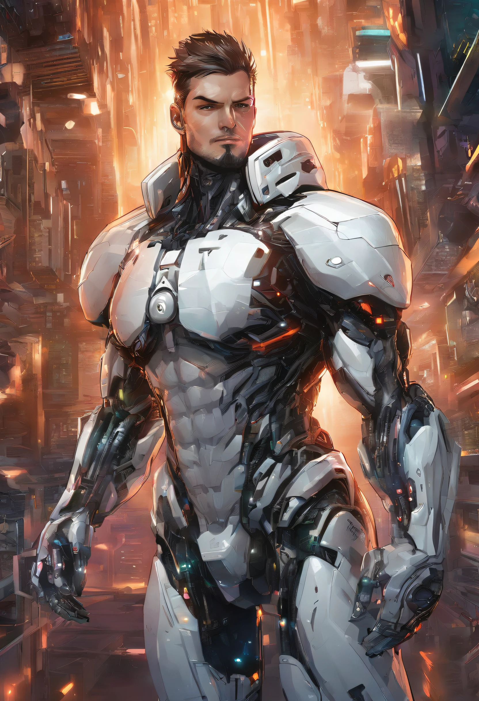 realistic, masterpiece, intricate details, detailed background, depth of field, cinematic, bara, muscular, portrait photo of a handsome african man wearing white mecha power armor, glowing, cables, wires, futuristic lab background, medium hair, glass, beard, upper body, science fiction,