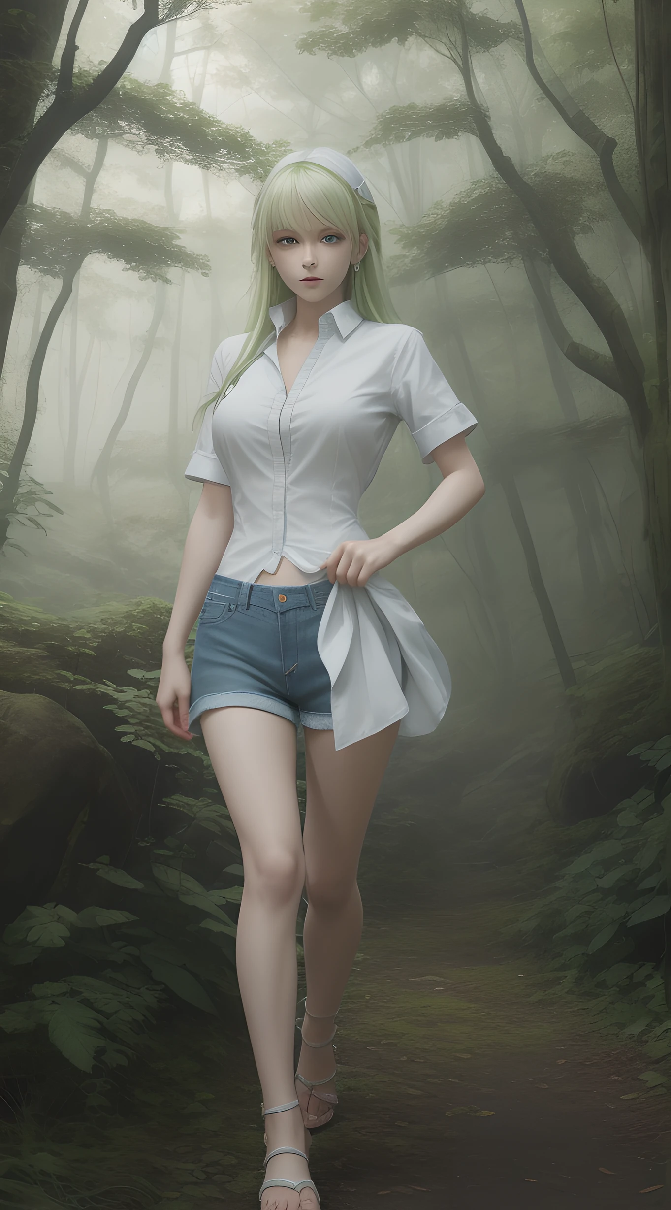 Anime girl in a white dress with a knife in the forest, anime goddess, blonde anime girl with long hair, Cute anime waifu in a nice dress, Seductive Anime Girl, Nico in white dress, Anime Best Girl, Beautiful anime girl, white haired god, a sexy maid in a magical forest, blonde - haired princess, (Flat color:0.9), (splendid:1.1), top-quality, masterpiece, hight resolution, Source, highly detailed wallpaper, View Viewers,, (Solo:1.2), intriciate detail, 1navel, Sagging chest, (Green eyes:1.3), (Green short hair:1.5), (dress shirts, Denim shorts, Sandals, Denim shorts:1.5), dress shirts, (Dynamic Pose), skiny, (Against the backdrop of a misty forest:1.2) --auto