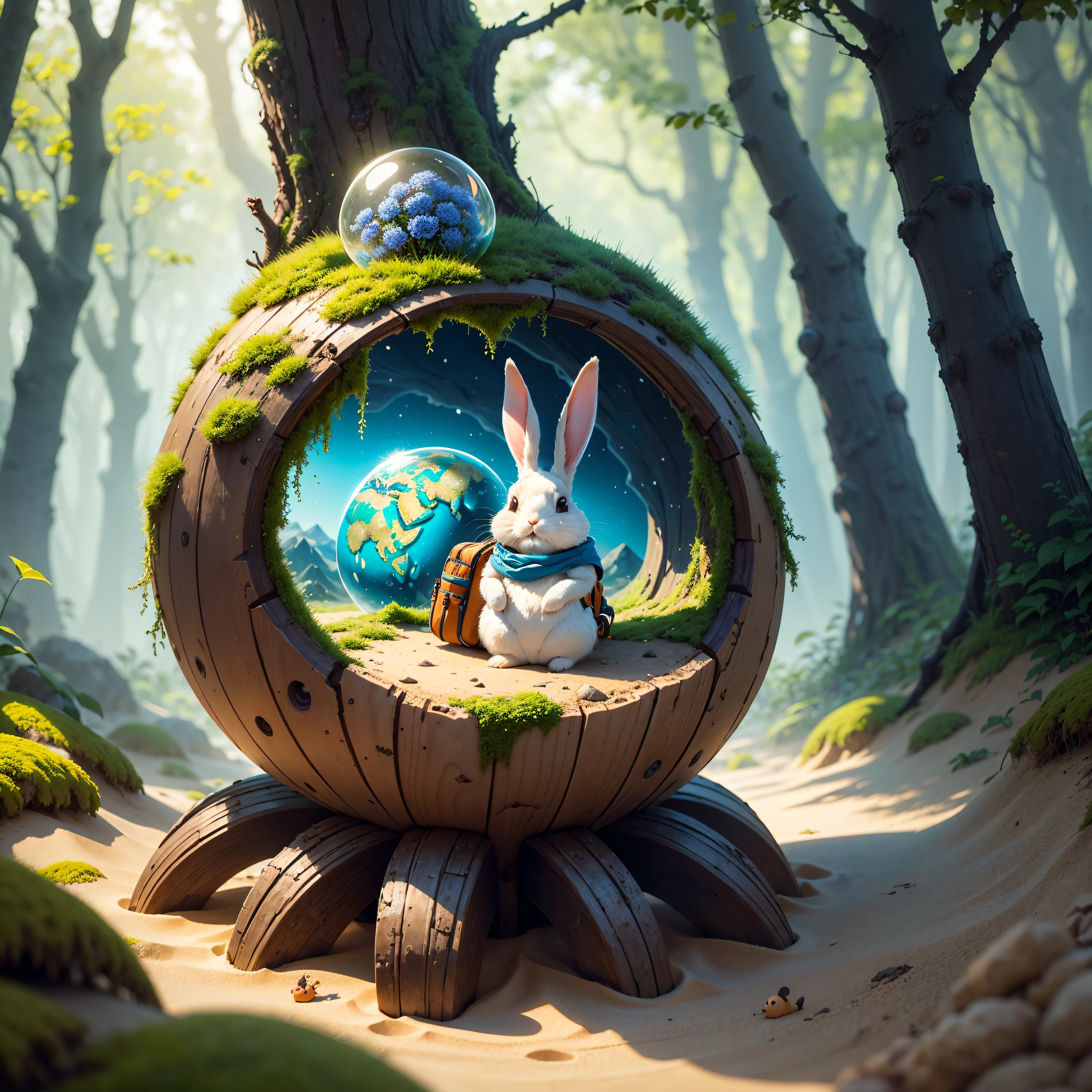 Cute anthill,It's covered with moss,An adventurous bunny in an adventurous costume, Carrying an explorer's backpack,,Made of sand,Blue Higan flowers bloom,Transparent fog,The hemispherical shape looks down from the sky,fanciful,Artistically