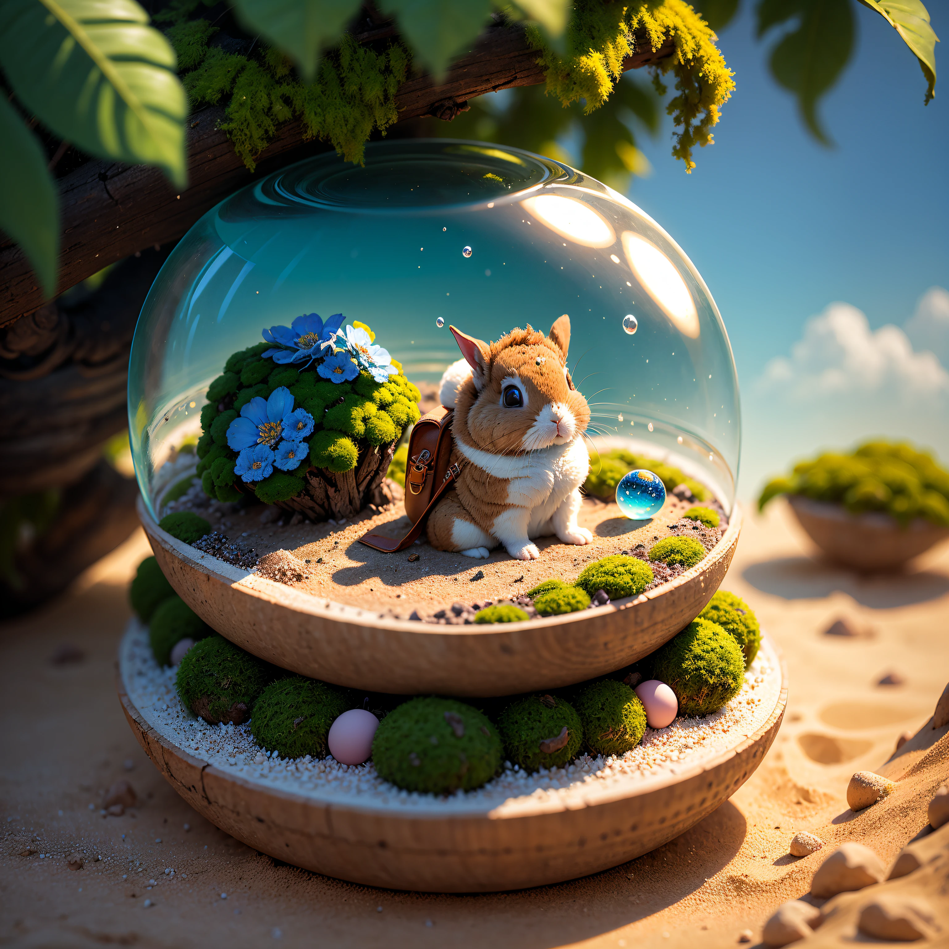 Cute anthill,It's covered with moss,An adventurous bunny in an adventurous costume, Carrying an explorer's backpack,,Made of sand,Blue Higan flowers bloom,Transparent fog,The hemispherical shape looks down from the sky,fanciful,Artistically