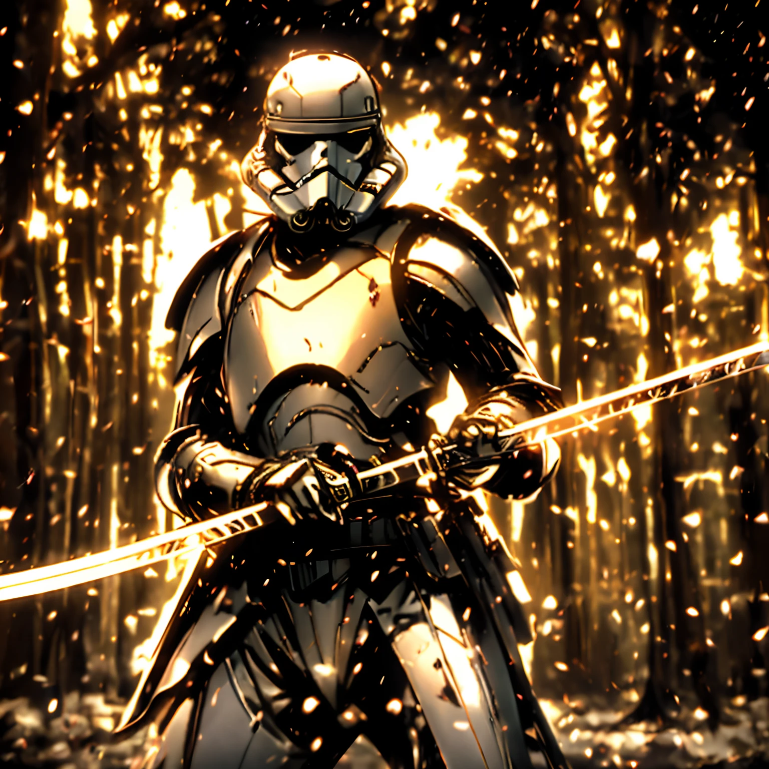 Japonesa samurai warrior,Stormtrooper (guerra nas estrelas), cinemactic, Hyper res, comic, sombras escuras, 8k, katana para usar, Pose de combate retribuir, Looking at the Viewer, Contraste suave, 4k, Samurai scenery with Sakura tree,Vison Axo,Passagem de vento, Combate intensivo, Katana Servir, 4k, skin corpo completo, corrigir bugs, soft-lighting, esse tema.