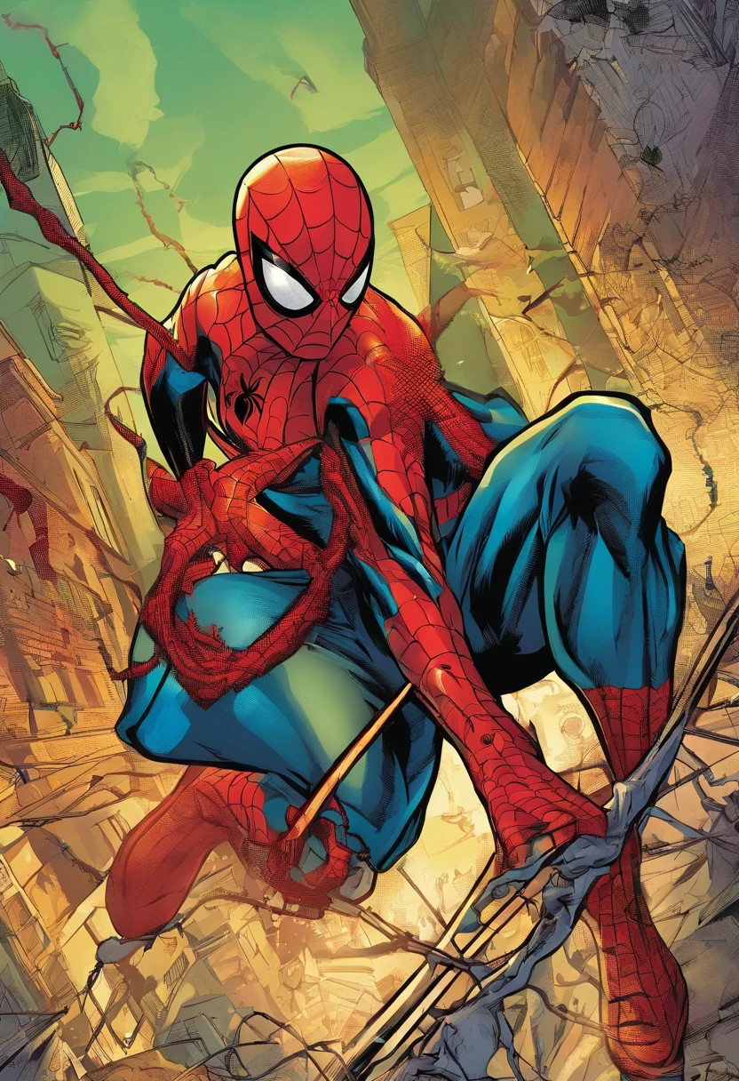 centered, isometric, vector t-shirt art ready to print highly detailed colourful graffiti illustration of Spiderman, wearing headphones, face is covered by highly detailed damaged spiderman mask, vibrant color, high detail