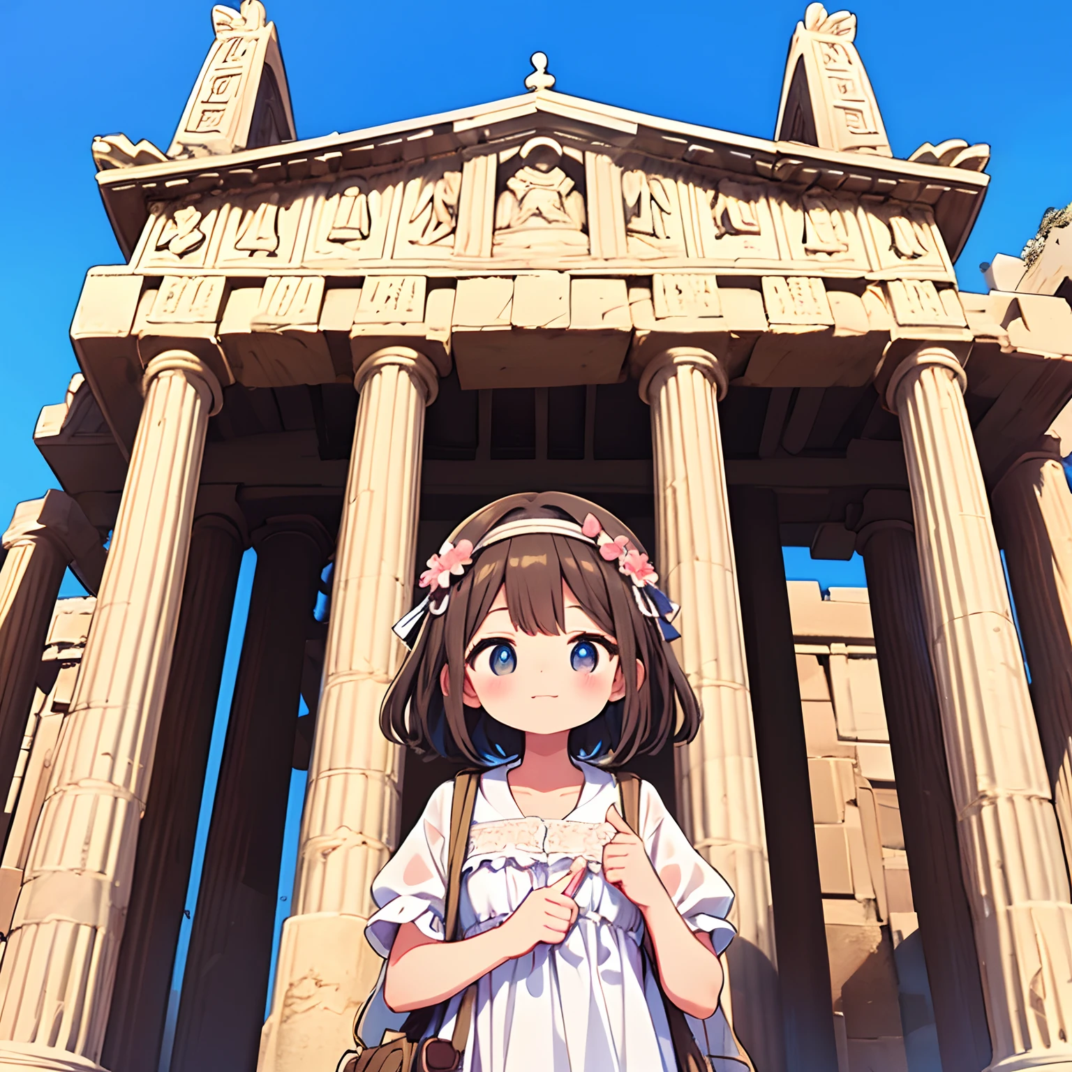 Tourism in Greece、Parthenon、Kawaii Girl、happily face、Greek traditional clothes、Brown skin、masterpiece、top-quality、Top image quality