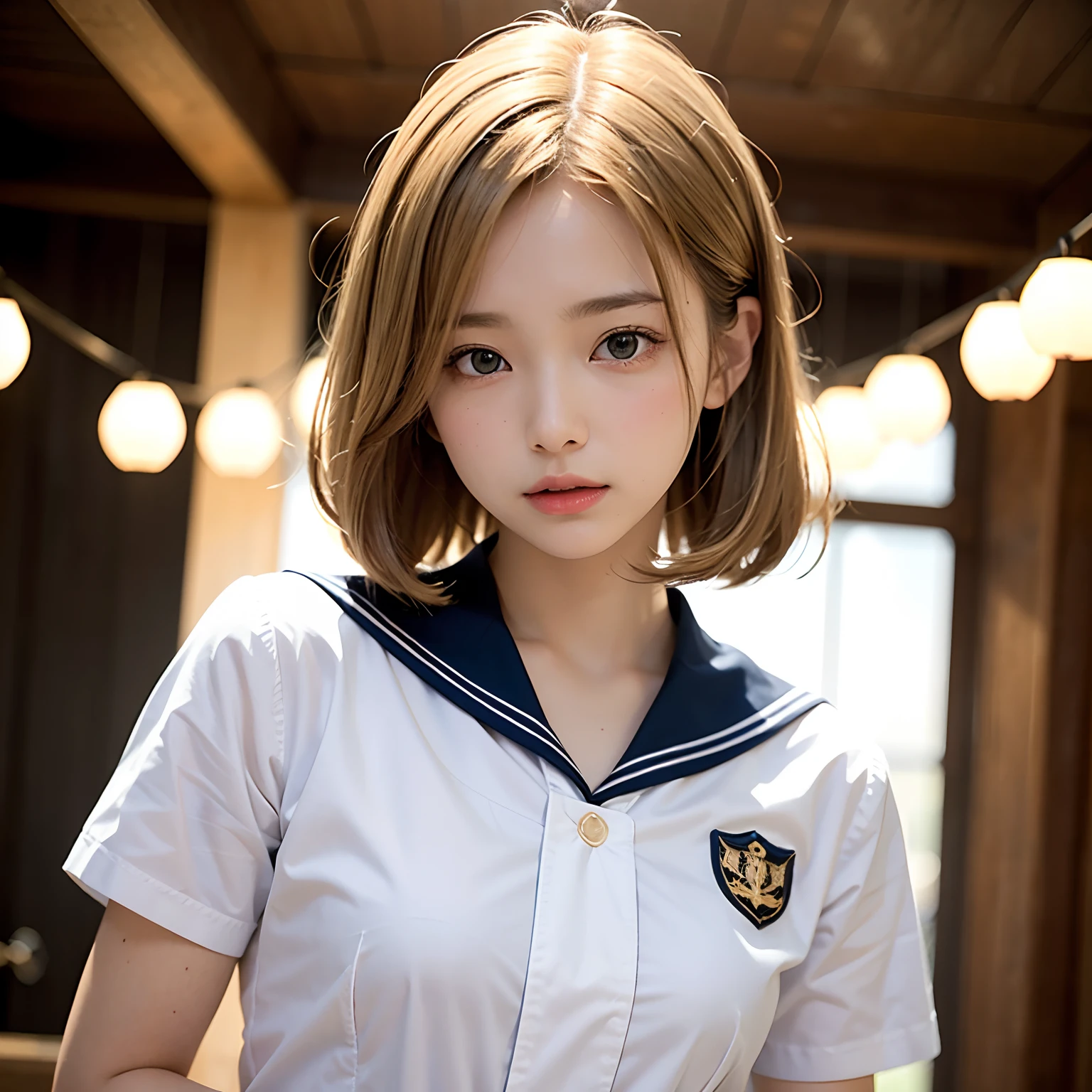 (masutepiece, Best Quality:1.2), 8K, Official art, Raw photo, Cute breasts、a blond、Full Bord Bill Four、Handcuffed and restrained、Hands behind your back、years、small tits、Torn sailor suit、unbelievable Ridiculous, (Upper body、校服:1.4), Beautiful Girl, Pretty Face, arching back down,、Gold hair ornament on hair、close up, Sailor Suit, Short sleeve, violaceaess, Teen, Looking at Viewer, Film grain, chromatic abberation, Sharp Focus, face lights, Dynamic lighting, Cinematic lighting, Eyes and faces with detailed, Bokeh background,