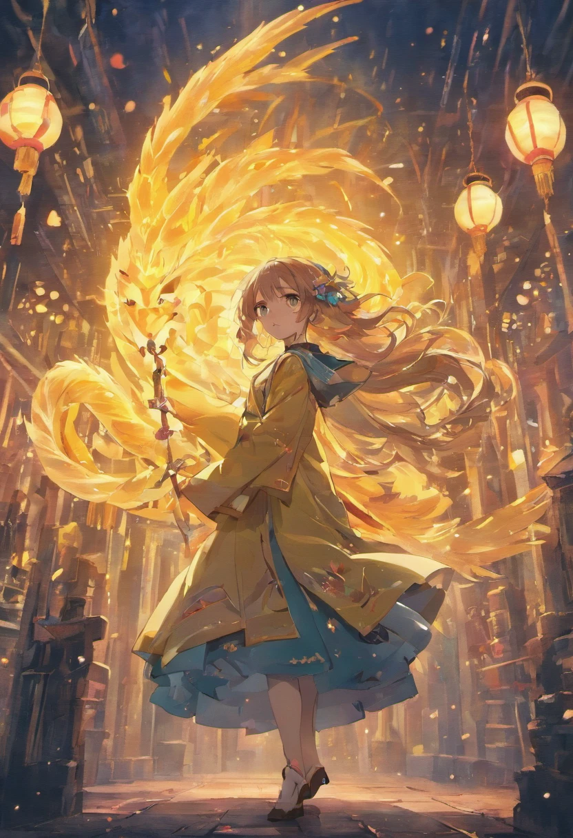 "(Best quality, Masterpiece:1.2), Ultra-detailed, Realistic:1.37, Vibrant colors, high resolution, Anime style, Ink painting, Traditional Chinese style, Landscape composition, Girl with long hair, Yellow eyes, She carried a strange bird on her shoulder, Cinematic lighting"