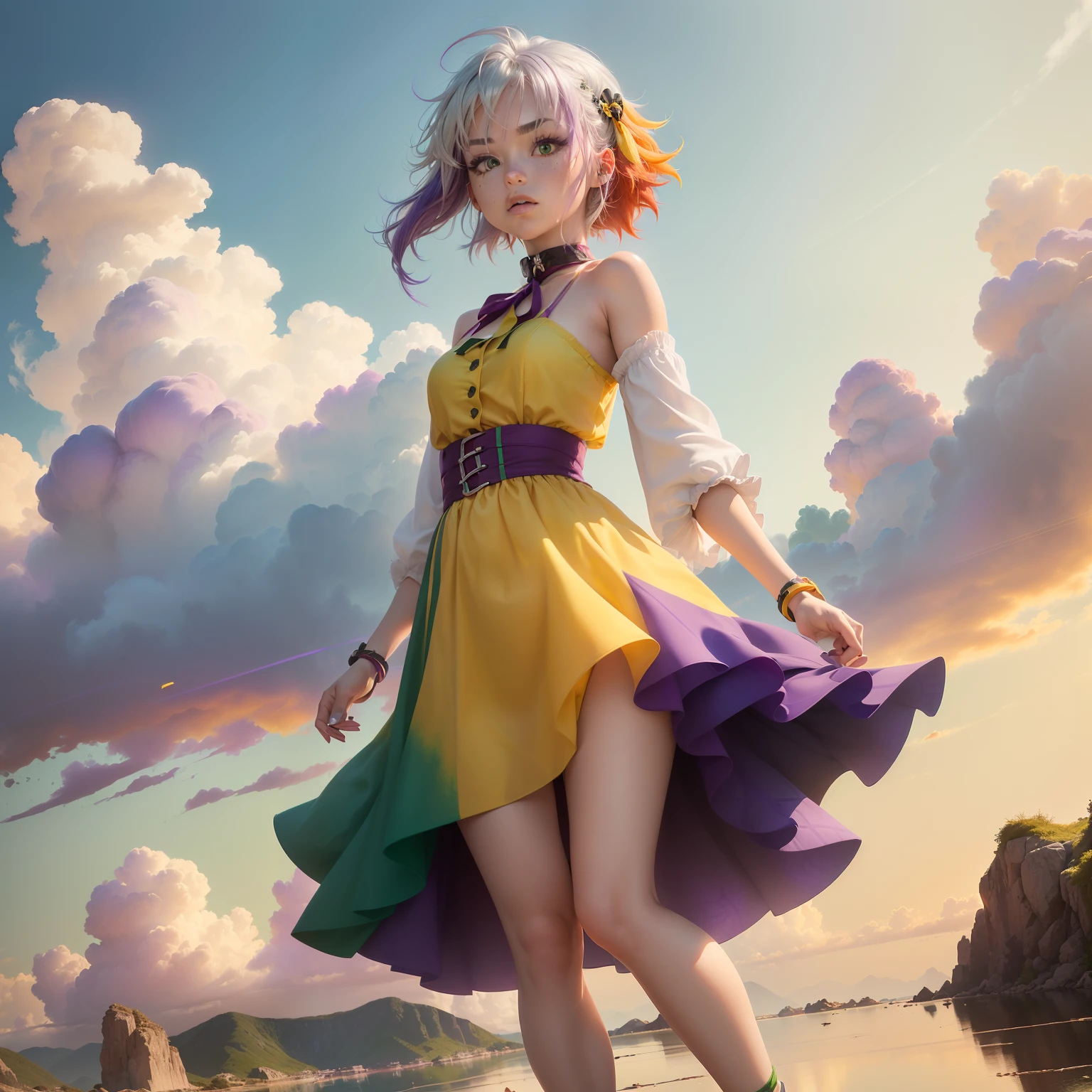 1.5),(1 girl),(Dynamic Pose),(multicolored hair+Silver hair:1.3+Red hair:1.2+Purple hair+Yellow hair:1.3+Green hair:1.3),(Blue eyes),(Neck ribbon),(floating),(cloud),(Too many drops of water),(Twilight),(watercolor paiting),(Wide Shot),anklets,sandal,