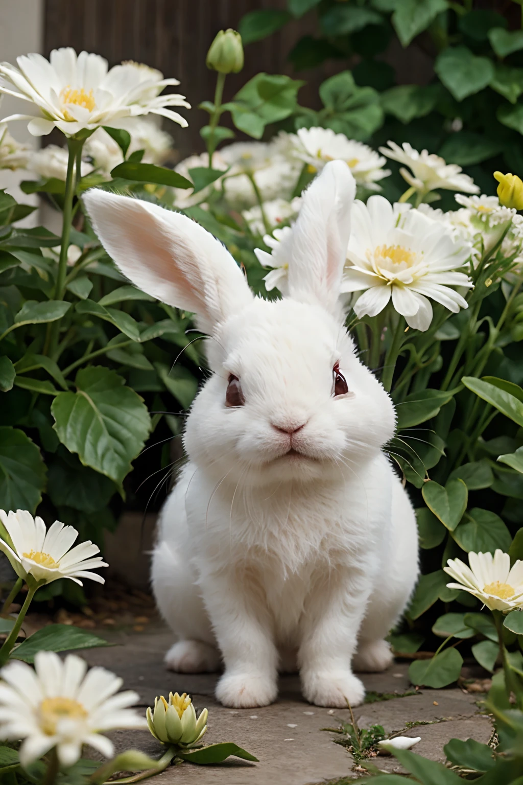 cute small white rabbit under huge flowers