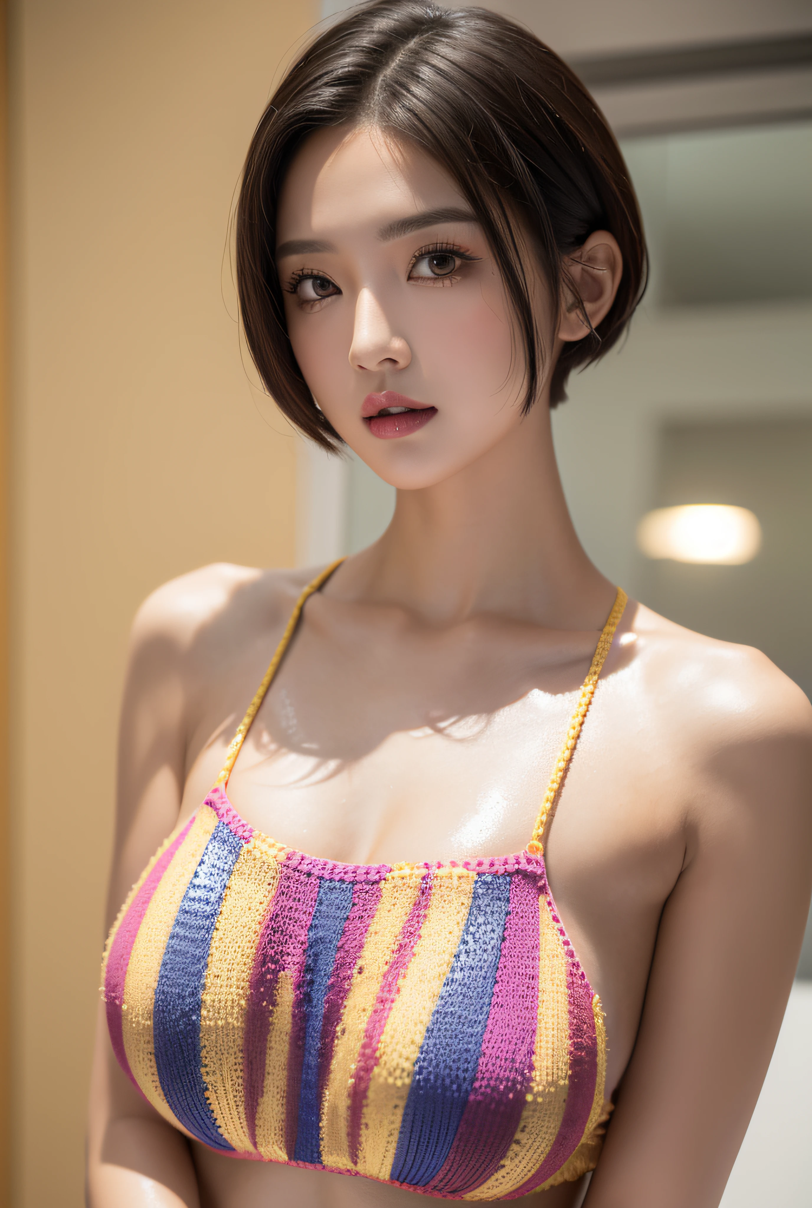 32k sexy female models, Huge breasts, Eyes, Random Super Short Bob Hair High Resolution, Upper body, No background, Studio Lightning, Wearing multicolored pleats (Random Color Knitted Pattern Tight Micro Bikini Dress ) In bright tones Oily Glossy Latex Metallic 1 Female