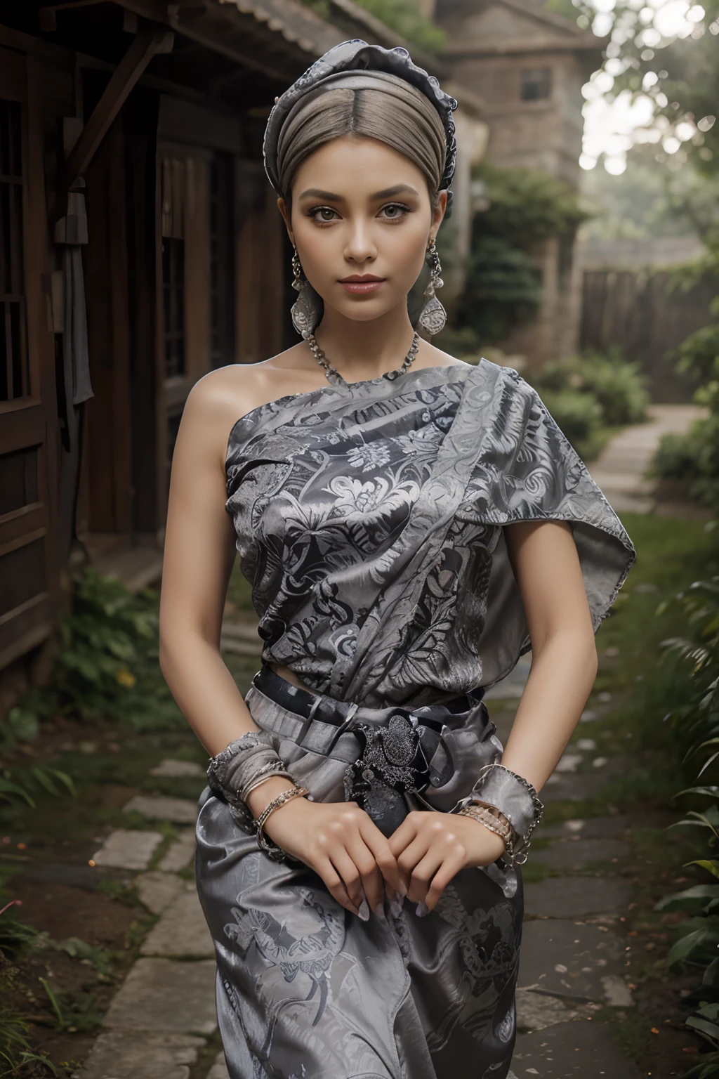 Masterpiece, Best Quality, 3D Rip Artwork, 3DMM Style, Close-up, Portrait, Realism, a woman beautifully makeup, eyeshadow, Parted Lips, Challenge Eye, beautiful big eyes, long eye lashes, wearing ((gray satin headscarf)), loosely tide hijab style, (( satin shirt)), ((batik satin long maxi skirt)), strolling on a trail in the spring, garden, river