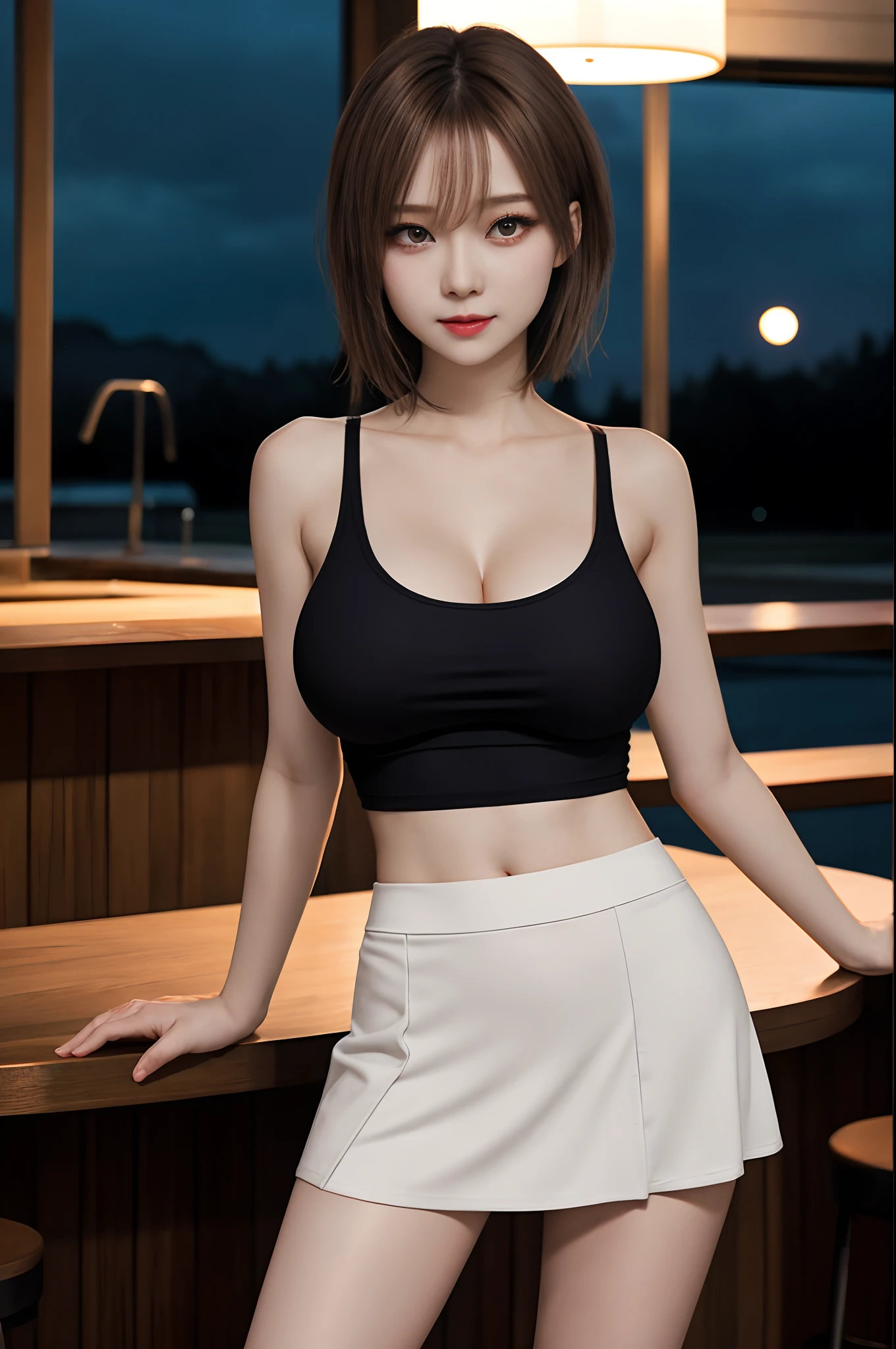 Top image quality、Raw photography、超A high resolution、An 18-year-old woman、Shooting for one person only、Gravure photography、big round chest、cleavage of the breast、tshirts、Tank Tops、Collared shirt、a miniskirt、Wearing a skirt、swim wears、Beautiful Eyes of Details、very elongated eyes、Beautiful eyelashes、Beautiful double eyelids、very slender legs、Shorthair with light brown hair、very slender physique、angry、Smiling、nighttime scene、Stylish Bar、sexy pose