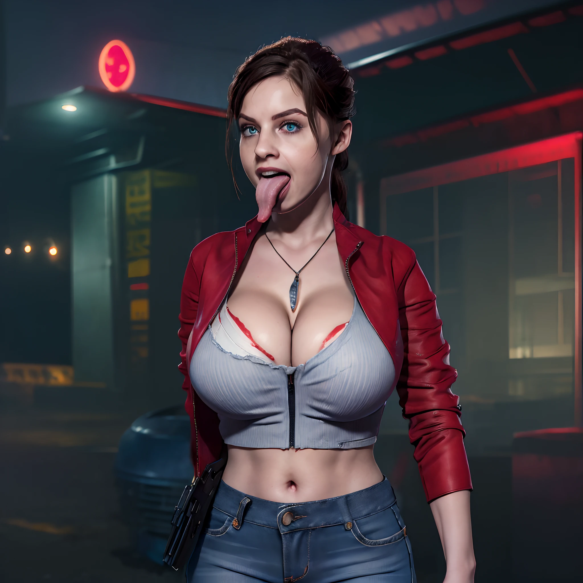 (masutepiece:1.2, Best Quality:1.2), ((Claire Redfield, super beautiful woman)), Resident evil, (Red jacket, White shirt, Long jeans, torn jeans), (Colossal tits:1.5, Huge boobs:1.5, Huge breasts:1.5, gigantic cleavage breasts:1.5), (Detailed face, Detailed skin texture, Perfect slim body, Tongue out:1.5, long tongue:1.5), At an abandoned gas station, Night, Dark atmosphere,