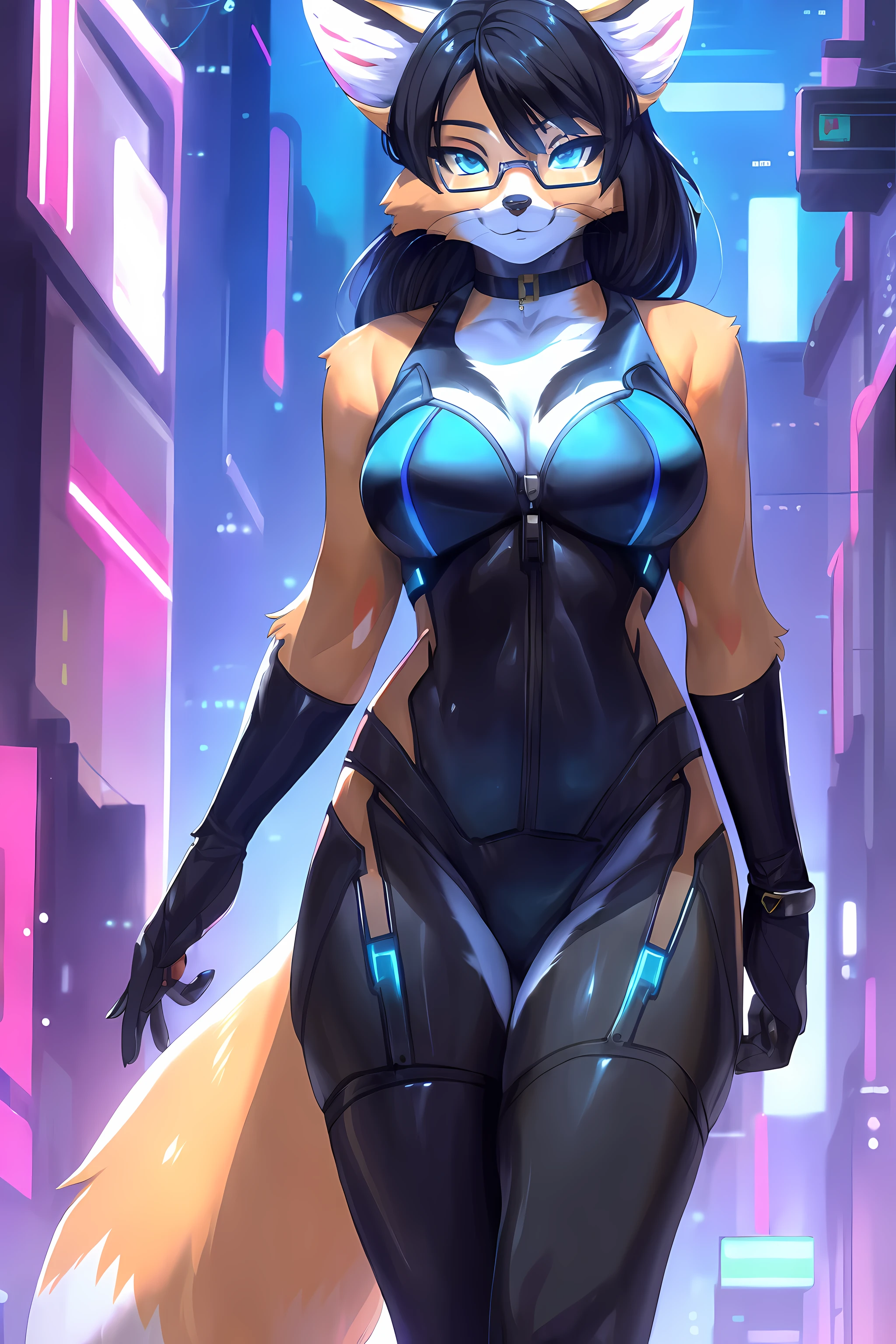 (Furry:1.5),(Masterpiece, Best quality), 1girll, Black hair, Glasses, Cyberpunk, Solo, waist-high, Sexy appearance,Fox girl