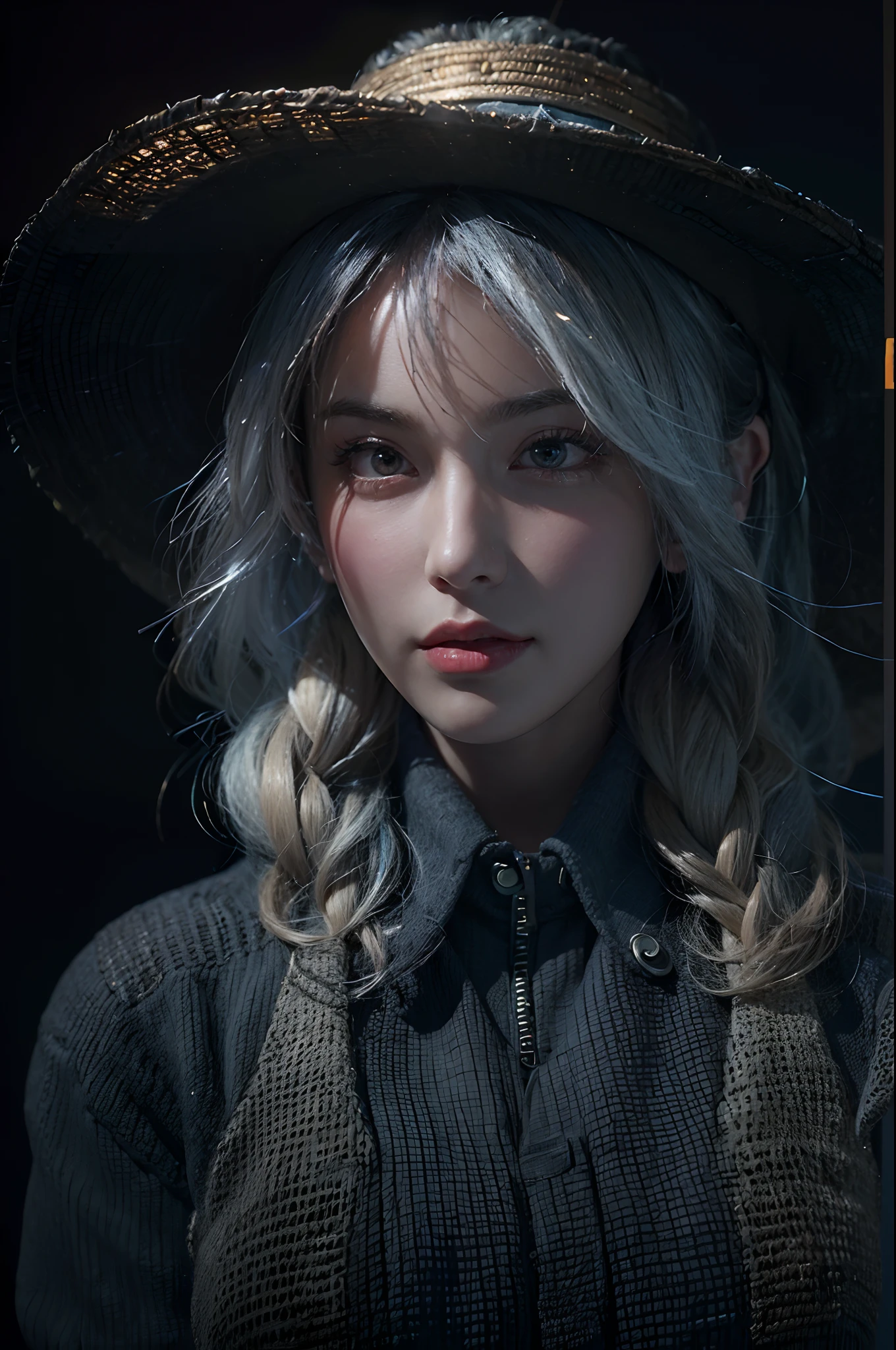 (front focus), (in the dark:1.6), Hyperrealist portrait of female by david hockney and alphonse mucha, fantasy art, photo realistic, dynamic lighting, artstation, poster, volumetric lighting, very detailed faces, 4 k, award winning, 1girl, in the dark, deep shadow, low key, cowboy shot, (official clothing:1.4), long hair, white hair