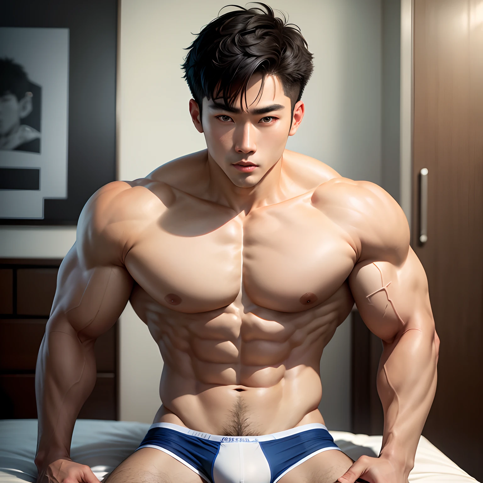 Korean man, Sports man, Muscular body, big muscle, taned skin, Natural eyes, Short hair, Sexy Man, looking up at viewer, Triangle man's underwear, Large protrusions, Erection, Muscular posture, Masturbation, Ejaculation, Masterpiece, Best Quality