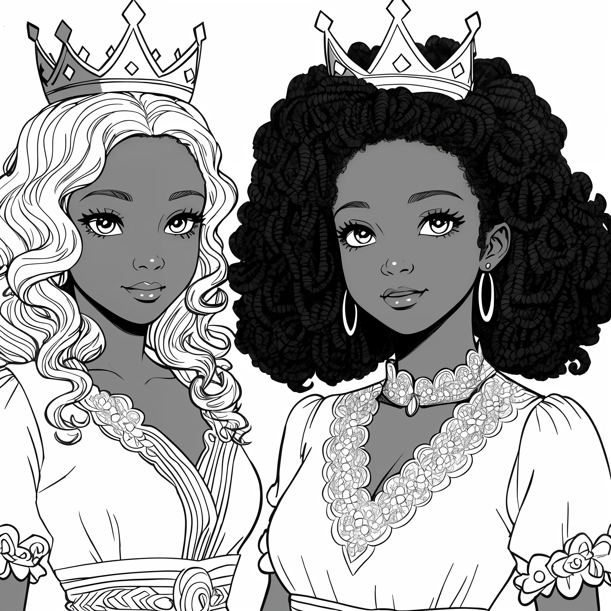 Drawing of a 13-year-old black princess with curly hair tied with a crown on her head (coloring book page) desenho estilo Disney 1970 infantil para colorir sem cor sorrindo obra prima (fundo branco) Simple linear strokes to color full body with afro black skin color and white dress for a coloring book page with medium hair masterpiece (vestido detalhado) . White Dress Variations Coloring Pages Different dresses without white background color black princess
