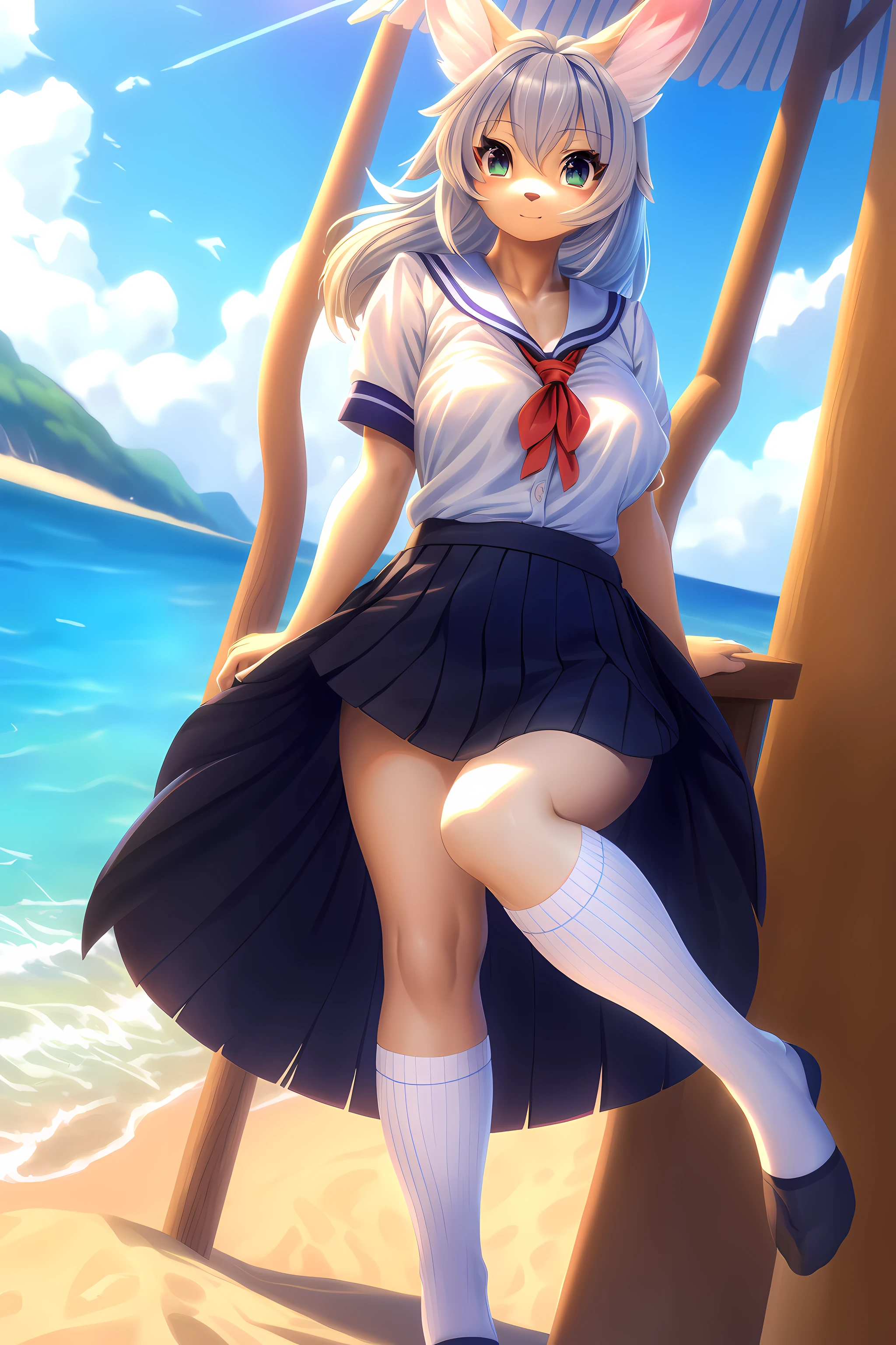 bunny girl,furry girl,((Masterpiece)), ((Best quality)), ((A high resolution)), ((Extremely detailed Cg Unity 8K wallpaper)), Solo, tachibana kanade, Tan school uniform, Black skirt, White socks, Outdoors, face, curtained hair, beach, parted hair, Silver hair