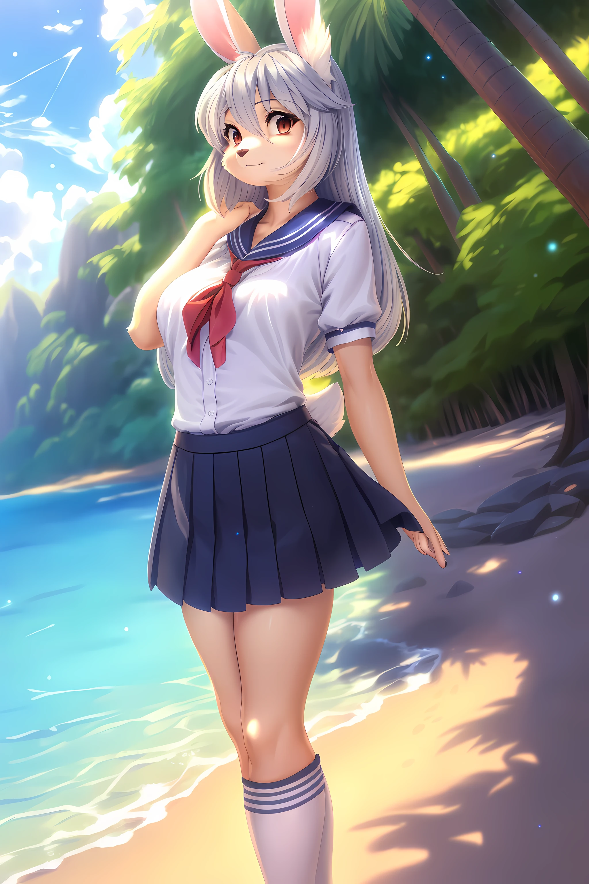 bunny girl,furry girl,((Masterpiece)), ((Best quality)), ((A high resolution)), ((Extremely detailed Cg Unity 8K wallpaper)), Solo, tachibana kanade, Tan school uniform, Black skirt, White socks, Outdoors, face, curtained hair, beach, parted hair, Silver hair