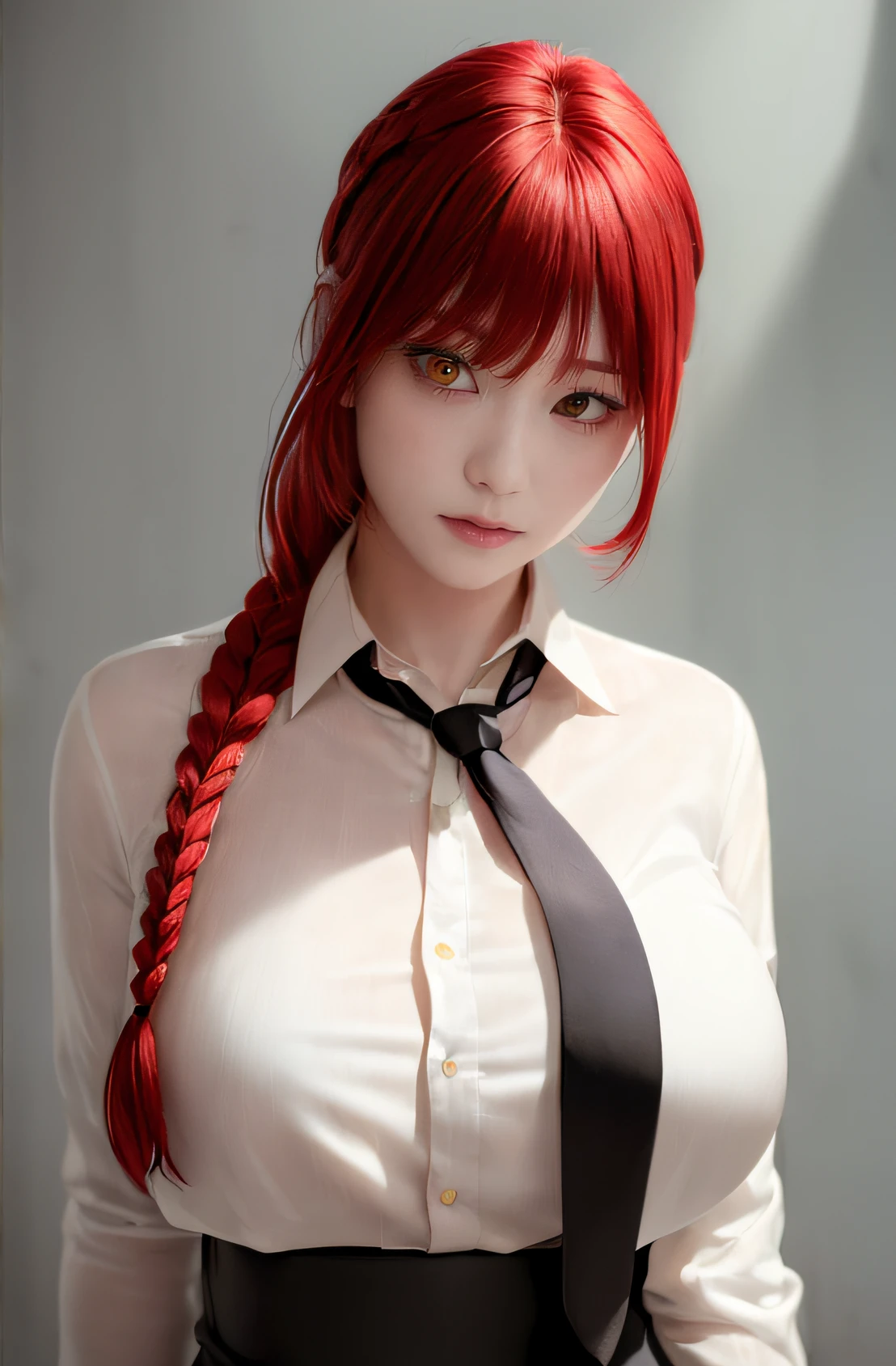 masterpiece, (photorealistic:1.4), best quality, beautiful lighting,
(ulzzang-6500:0.5), makima \(chainsaw man\), (red hair)+(long braided hair)+(bangs), yellow eyes, golden eyes, ((ringed eyes)), (white shirt), (necktie),
RAW photo, 8k uhd, film grain, large breast, blush