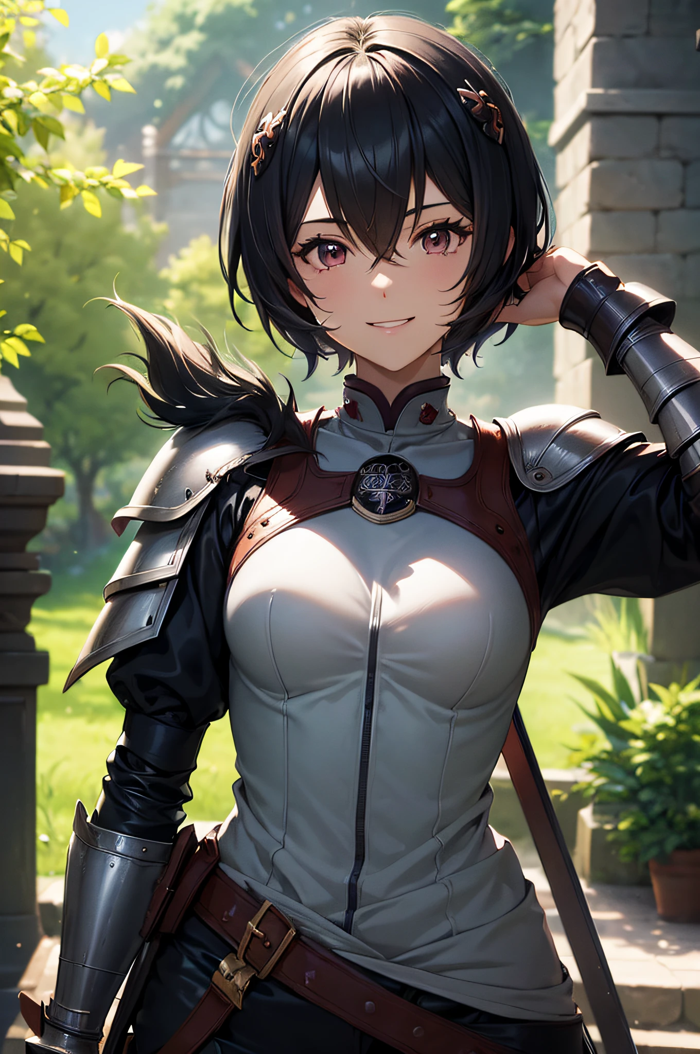 ((masutepiece)), (Best Quality),８ｋwall-paper、A dark-haired、so short hair、１６age、girl with、leather armor、The sword、adventurer、Fantasia、Show your teeth and smile、Healthy beautiful girl