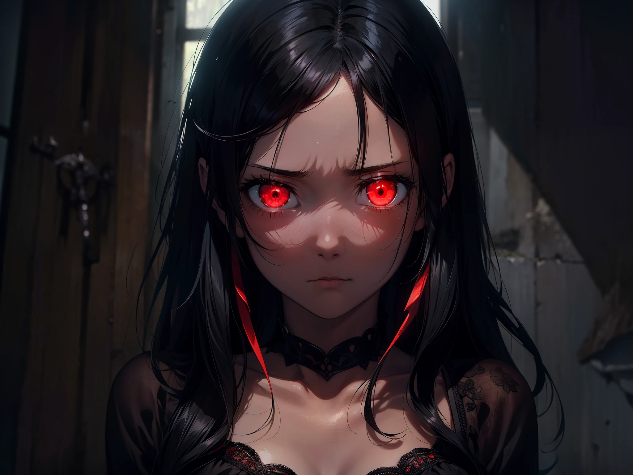 1 loli girl, having weapon, cinematic angle, close to viewer ,cowboy shot, bloody body ,(((Expressionless))) , ((rape eyes)) ,black hair, long hair, ribbon , black dress, red eyes, (glowing eyes:1.1) ,horror world , high resolution,(incredibly absurdres), (hires.fix:1.3),anime visual,ultra detailed CG unity 8k wallpaper, ((masterpiece)), ((top-quality)), (beautiful illustration), ((an extremely delicate and beautiful))
