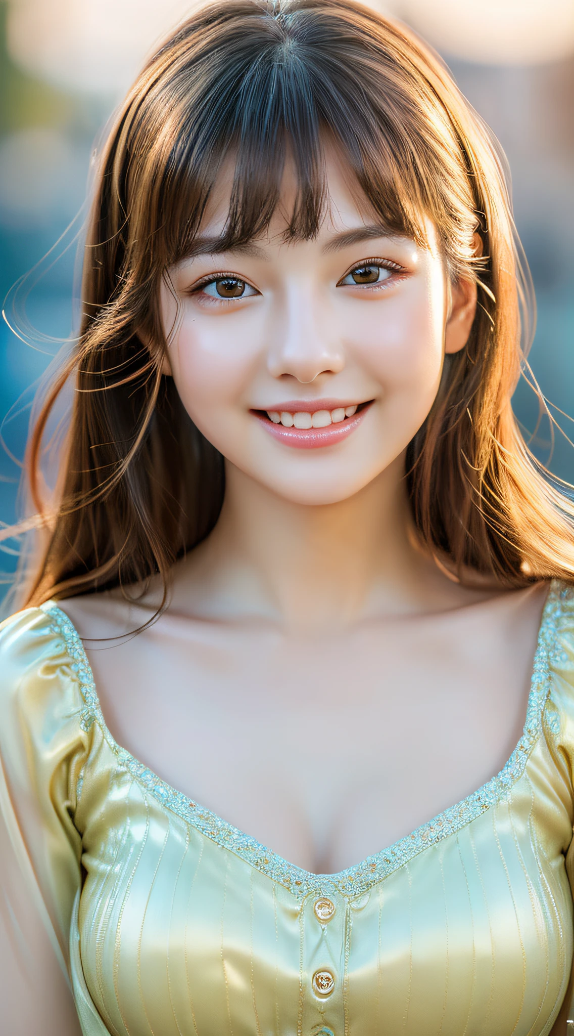 (1girl), Solo, Extremely cute, Amazing face and eyes, (Beautiful lovely smile), (extremely detailed beautiful face), bright shiny lips, (Best Quality:1.4), (Ultra-detailed), (A hyper-realistic, Photorealsitic:1.37), Beautiful fair skin, extremely detailed CG unified 8k wallpaper, RAW Photos, professional photograpy, Cinematic lighting,
