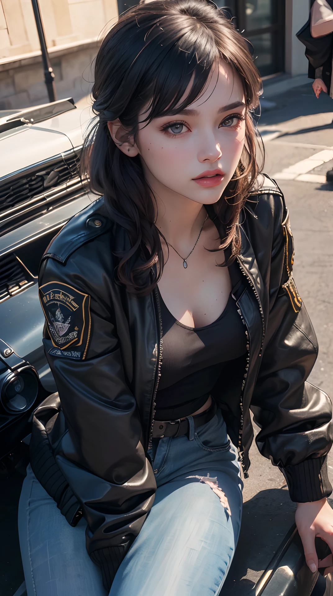 (best quality,4k,8k,highres,masterpiece:1.2), ultra-detailed, (realistic,photorealistic,photo-realistic:1.37), (beautiful detailed eyes, beautiful detailed lips, extremely detailed eyes and face, long eyelashes), studio lighting,physically-based rendering,vivid colors, (black military jacket:1.2), (white tank top), (convertible:1.5),