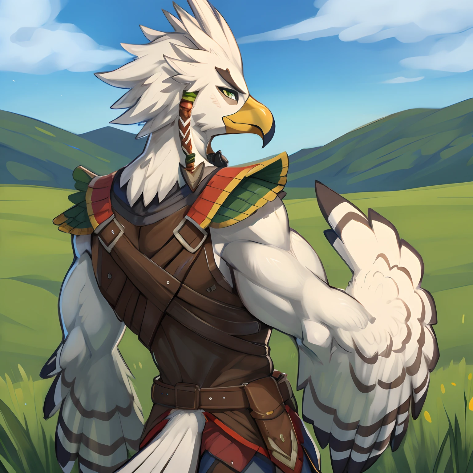 detailed, anthro, Rito, male, solo, Teba, muscular skinny, detailed eyes, braids in the hair, bird tail, armor, view back, in the green field, by Zackary911, K0BIT0WANI