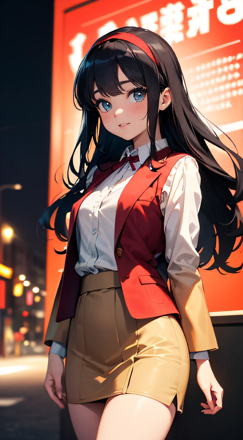 High resolution, Venice, Streets of Europe,((The long-haired:1.3)),(Black hair),Hair is straight,(Yellow headband:1.3), (Red Blazer:1.3),(Red vest:1.3),(long-sleeve:1.3),Detailed photos of beautiful women_Face, Young and handsome girl,Realistic:0.5, Perfect Skin, (hyper detailed background, Detailed background), (Very beautiful beautiful Japan woman),(Beige skirt:1.3),((small udder)),((skinny thigh)),Soft skin, High school students,Tall,Mature body,Nice big blue eyes, (High detail eyes),depth of fields),Soft light, Lens glows，looking at viewert, (drooping eyes:1.2), Straight teeth,Smile, Floating hair, Cinematic, fulcolor, 4K, 8K, professional colorgraded, Professional Photography, Soft and clear focus, Photorealistic illumination and shadowing, (Very delicate and beautiful art)1.3, Bokeh, Elegant,Effective angle,Vitality constitutes a breakthrough eyes beautiful eyes, Princess Eyes, (Big eyes:1.3), hair between eye, (slender:1.1), (thin waist: 1.15), (Detailed beautiful girl: 1.4), Parted Lip, Full makeup, (Shiny skin), ((Perfect female body)), Perfect Anatomy, Perfect proportions, Very cute and beautiful Japan actress face:1.3),(blush:1.1), Gray background, solofocus, (Bust Up Shot:1.2), Cinematic Light, (Nostalgic night view:1.4), Vivid glow of neon,