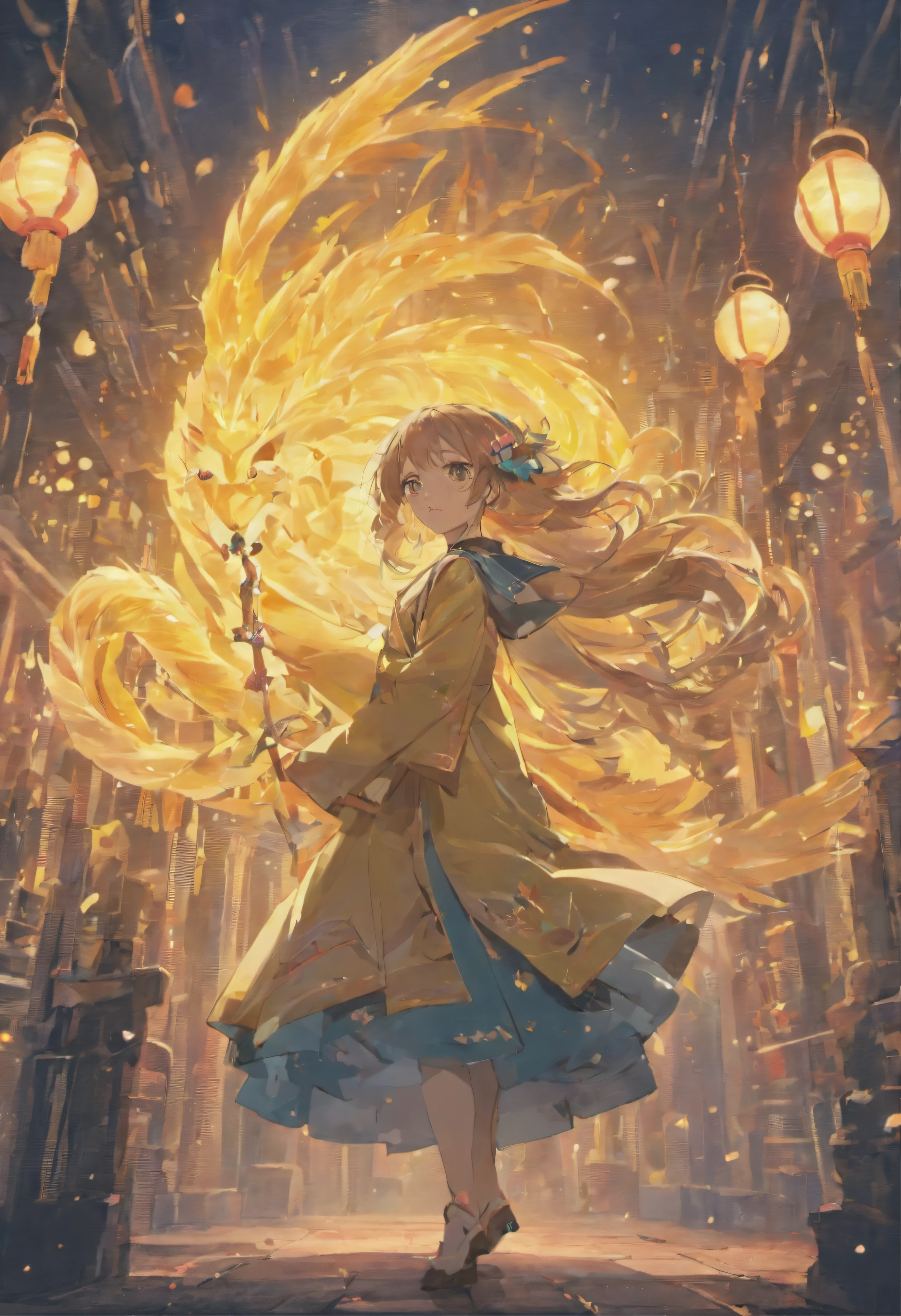 "(Best quality, Masterpiece:1.2), Ultra-detailed, Realistic:1.37, Vibrant colors, high resolution, Anime style, Ink painting, Traditional Chinese style, Landscape composition, Girl with long hair, Yellow eyes, She carried a strange bird on her shoulder, Cinematic lighting"