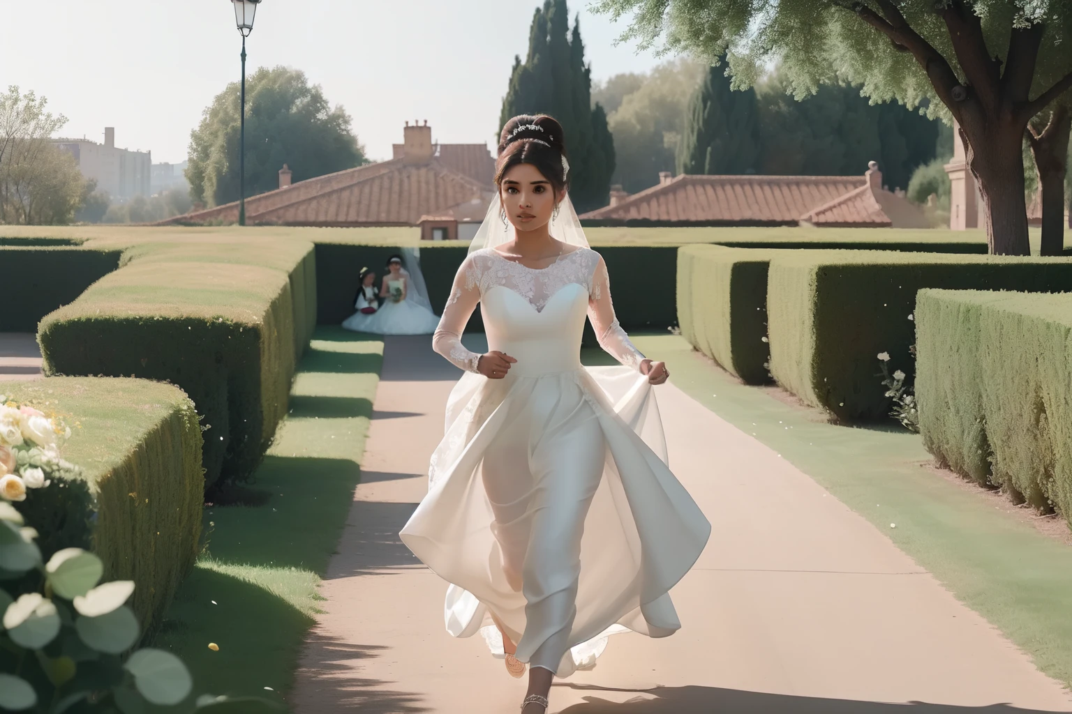 year: 2023. Location: Madrid. Pre-Raphaelite scene with a 32-year-old Diane Guerrero, ((runaway bride)), ((escaping)), ((running fast)), villa's garden, ((((wedding dress from the 2020s)))) ((Hairstyle of the 2020s, low bun)), ((("OMITB" cinematography)))