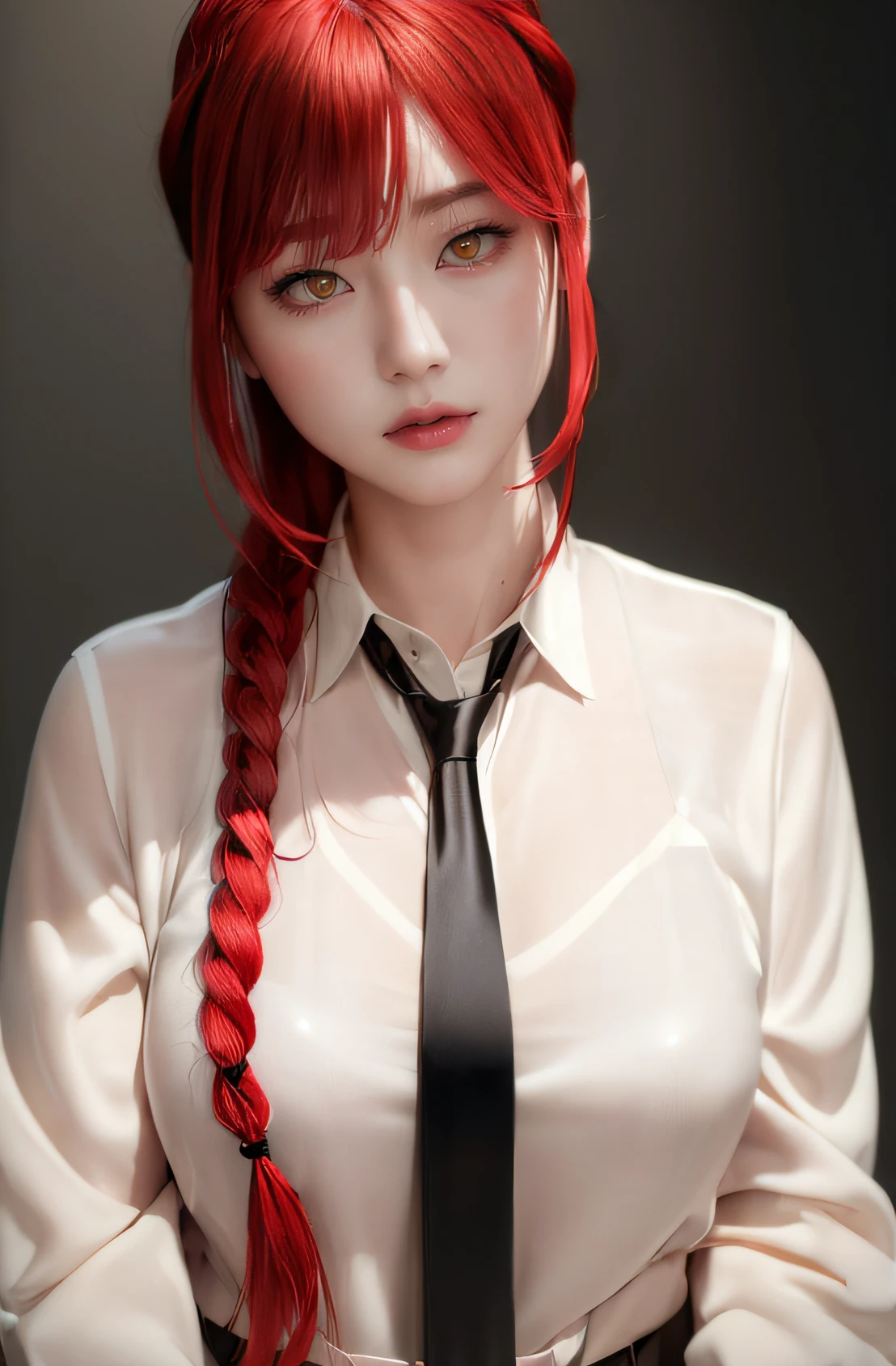 masterpiece, (photorealistic:1.4), best quality, beautiful lighting,
(ulzzang-6500:0.5), makima \(chainsaw man\), (red hair)+(long braided hair)+(bangs), yellow eyes, golden eyes, ((ringed eyes)), (white shirt), (necktie),
RAW photo, 8k uhd, film grain