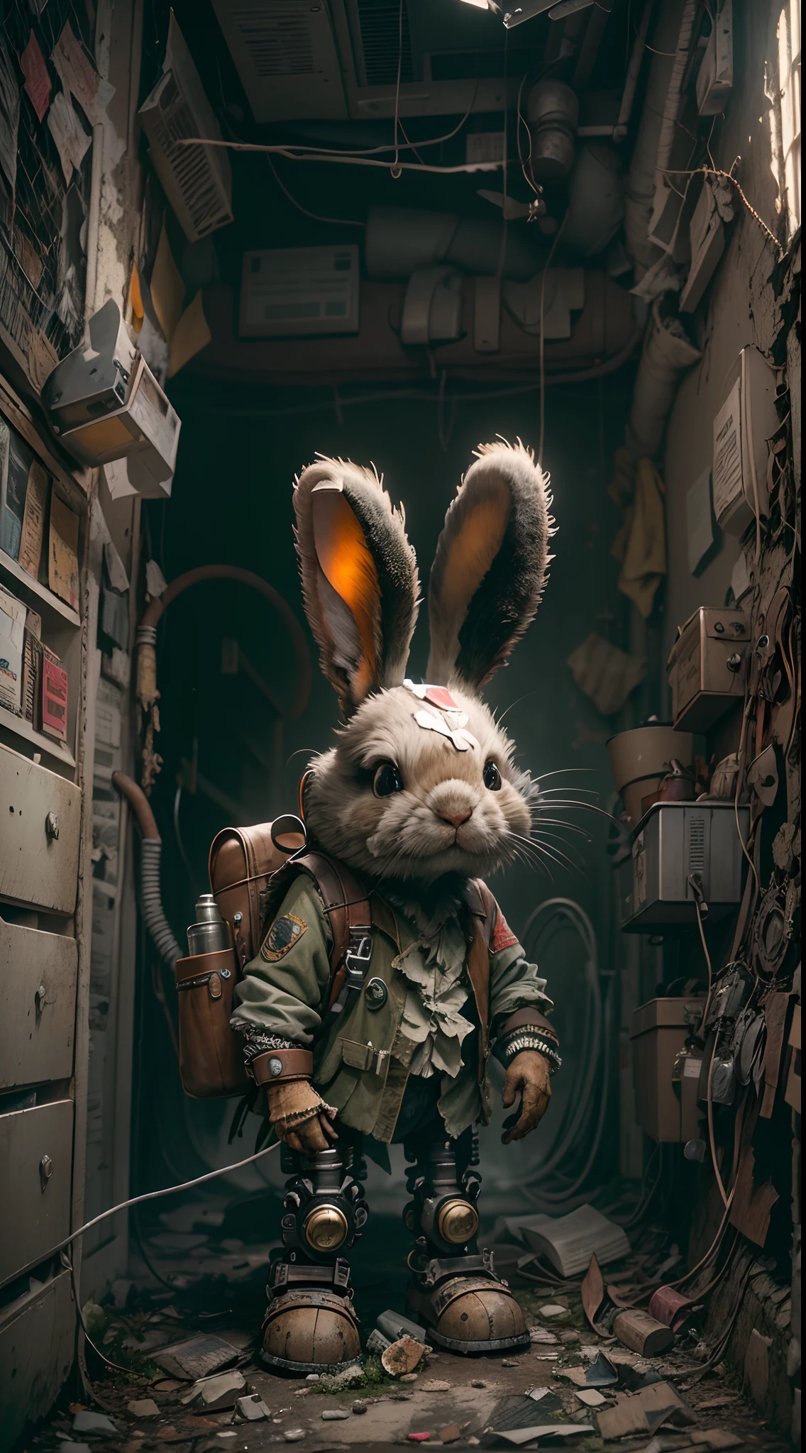 (Best quality,4K,8K,A high resolution,Masterpiece:1.2),Ultra-detailed,(Realistic,Photorealistic,photo-realistic:1.37),steampunc,illuminations,Cityscape,Abandoned,废墟,An adventurous bunny in an adventurous costume, Carrying an explorer's backpack,Explore the hospital ruins,dystopian,Futuristic,Dark atmosphere,wreckage,wires hanging,smoke-filled sky,overgrown vegetation,black wall,Weeds sprout,Debris was scattered all over the place,Decaying furniture,Discarded medical equipment,Broken windows,Broken glass,Ominous Shadows,be desperate,Dust-covered floor,Dimly lit corridors,Unforgettable silence,lost hope,Epidemic of disease,Empty hospital beds,Recycling technology,Temporary living space,Post-apocalyptic fashion,wind coat,cybernetic limb,Metal prosthesis,cogs and gears,Brass decoration,Steam-powered machinery,thing,Mechanical Wonder,GLOOMY AMBIANCE,Sepia color palette,Divine light shines through the broken ceiling,intense contrast,Moody lighting.
