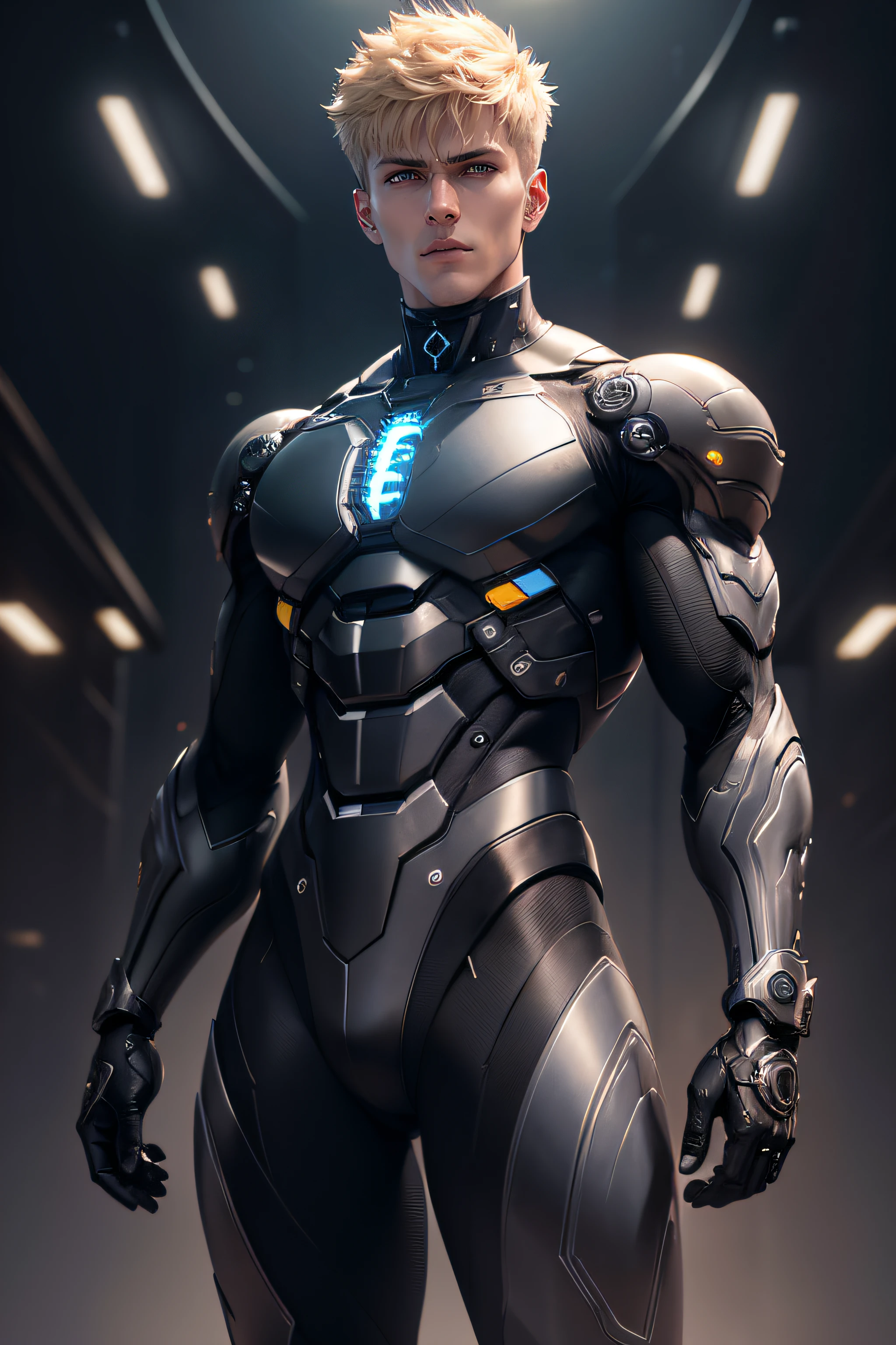 Genos, a man with a black mechanical body, blond hair, full body pose, very handsome, detailed black mechanical eyes, detailed face, detailed body, (reality: 1.4), (A hyper-realistic), (high resolution), (8K), (highly detailed), ( Best Illustration), (detailed eyes), (ultra-detailliert), Bright lighting, Professional Lighting, scary face.