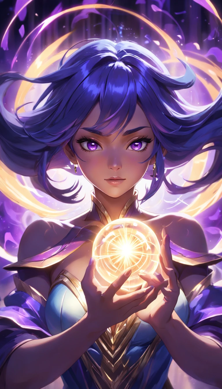 `(best quality,4k,8k,highres,masterpiece:1.2),ultra-detailed,(realistic,photorealistic,photo-realistic:1.37),Syndra from League of Legends,detailed eyes, detailed lips, extremely detailed face, long eyelashes,hair flowing,expressive expression,dark and mysterious aura,complex eye makeup,mystical energy radiating from her hands,electric blue orbs swirling around her,beautifully contoured face,fierce and confident posture,dark and dramatic lighting,ethereal and magical atmosphere,vivid colors, intense purple and blue color palette,studio lighting, HDR effect,striking contrast,surrounded by floating orbs,emissary of the Dark Skin,light shining through the spaces between orbs,majestic and powerful presence,highly detailed costume with intricate designs,individual spheres spinning at different speeds,translucent orbs emitting magical sparks,tracing of rays throughout the scene,illuminating Syndra's silhouette with a mesmerizing glow,breathtaking visual effects,impressive level of detail in every element,painting-like texture with fine brushstrokes,emphasis on texture and depth,realistic rendering of Syndra's facial features and shadows,photographic level of realism,captivating and enchanting portrait,impressive level of realism and detail in Syndra's eyes and expression,attention to every intricate detail,meticulously crafted artwork`.