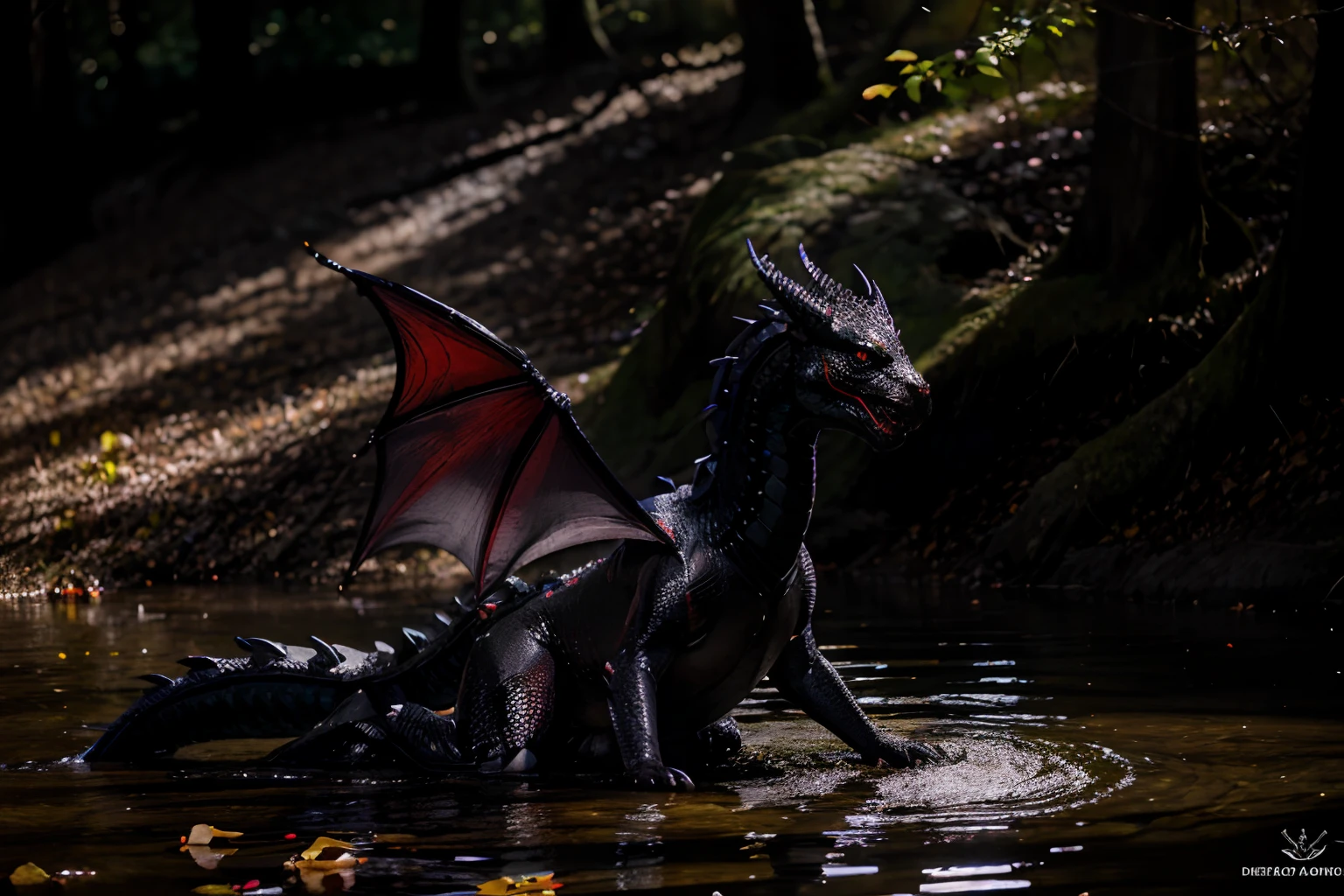 A beautiful black dragon with iridescent scales and red eyes, By the creek where the sun filters through the trees.